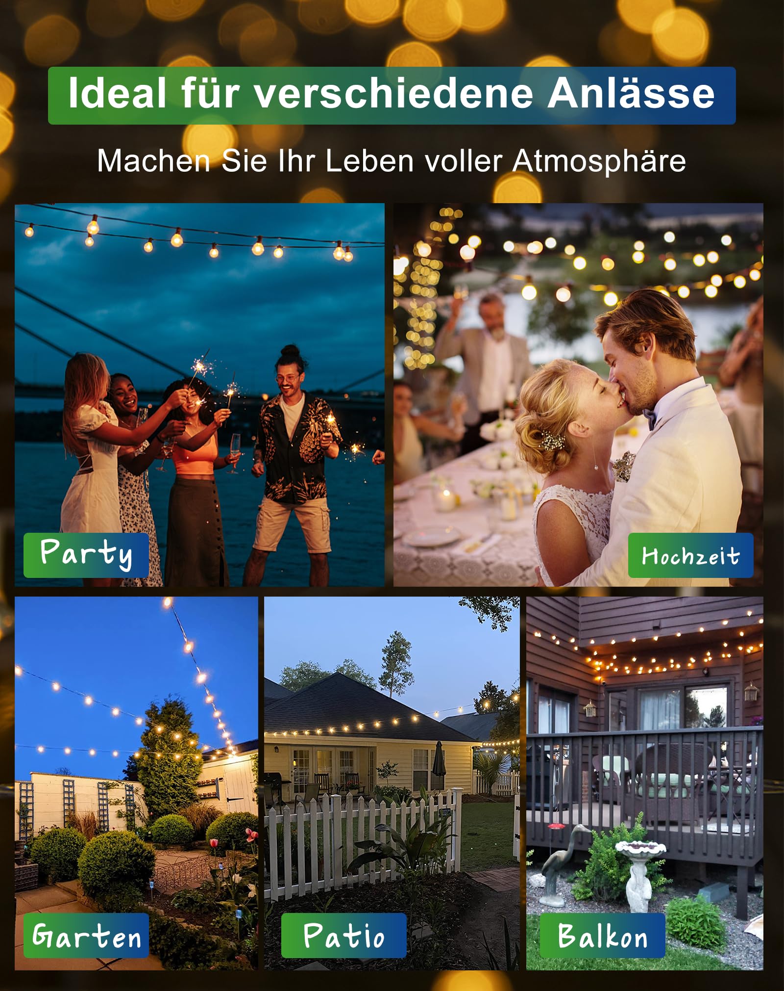 Zuske Solar Lichterkette Aussen 9.5M IP65 Warmweiße G40 Glühbirnen 5 Modi Garten Terrasse