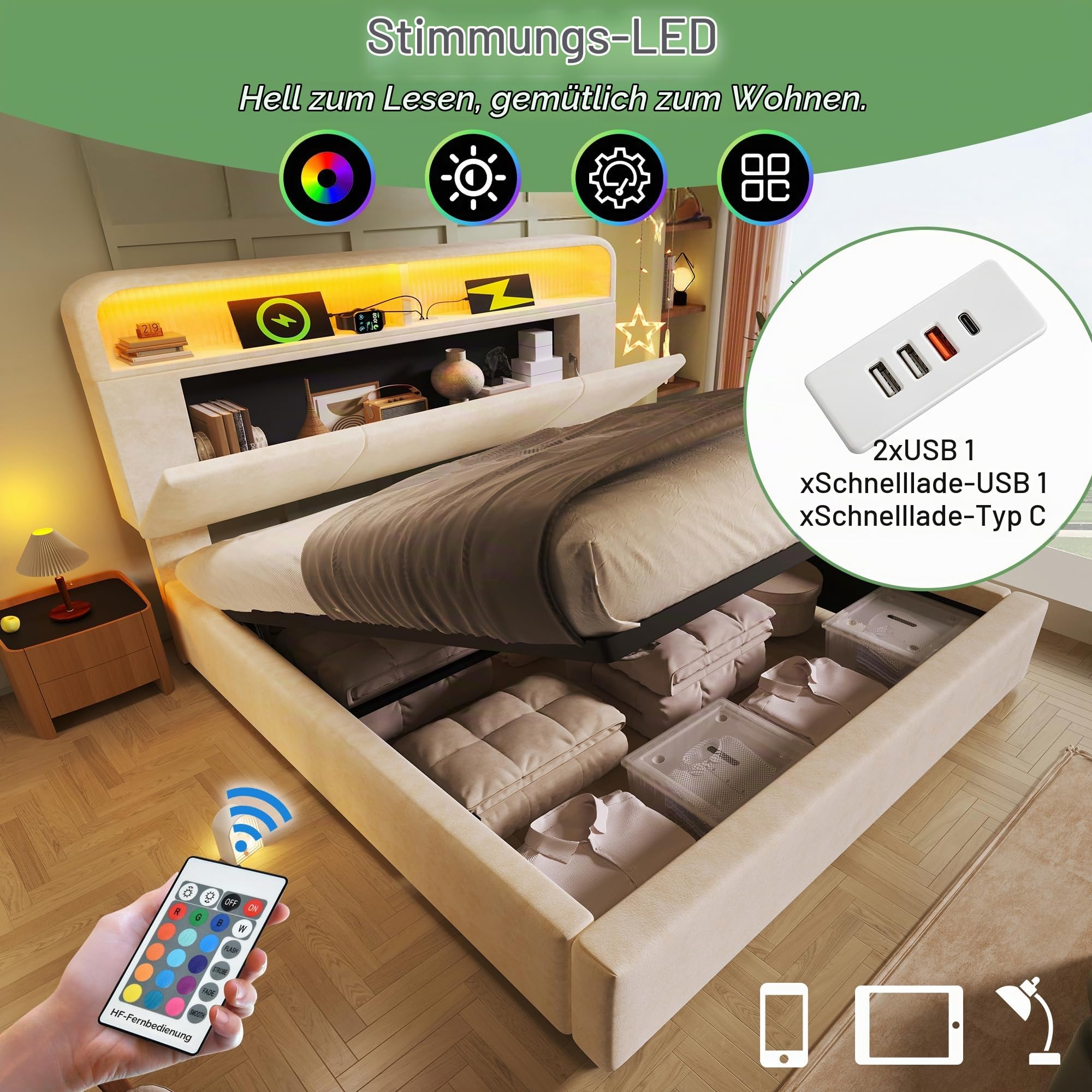 Polsterbett Doppelbett 180x200 cm mit höhenverstellbarem Stauraum-Kopfteil, Hydraulisches Bett mit LED-& USB/Type-C Ladestation, Samt, inkl. Lattenrost, Beige, Ohne Matratze