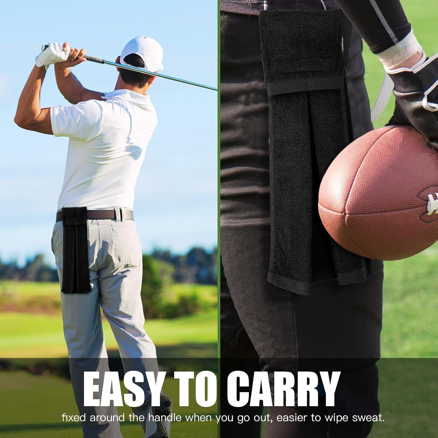 Moukeren 6 Pcs Football Towel Cotton Quarterback Football Field Hand Towel with Hook and Loop Fastener for Sports Football Golf Gym Accessories(Black) - Image 4