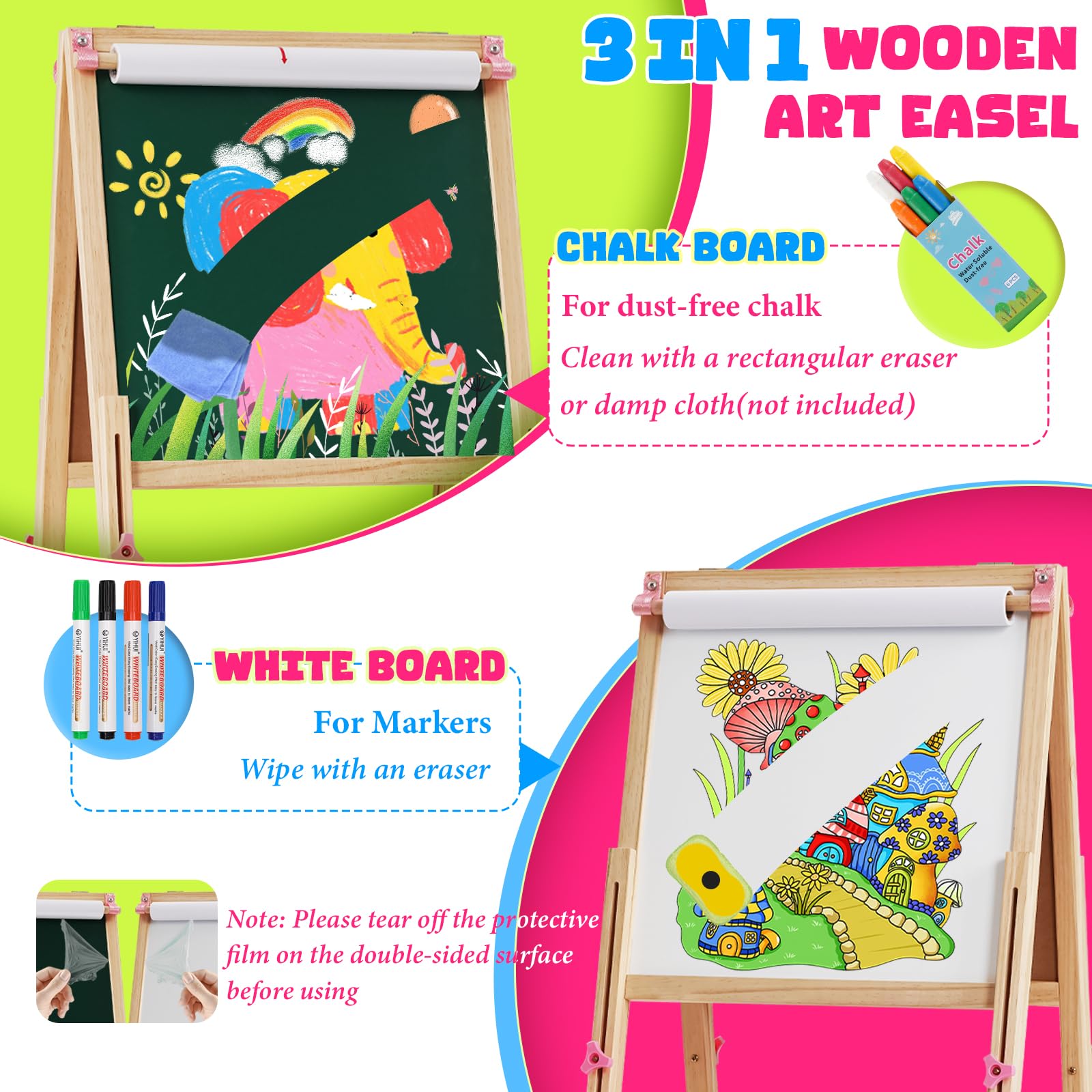 Staffelei Kinder aus Holz,Faltbare Doppelseitige Kunststaffelei für Whiteboard und Kreidetafel,Höhenverstellbar mit Papierrolle, Kreidetafel, Whiteboard, Stift, Reichhaltige Accessoires,Rosa