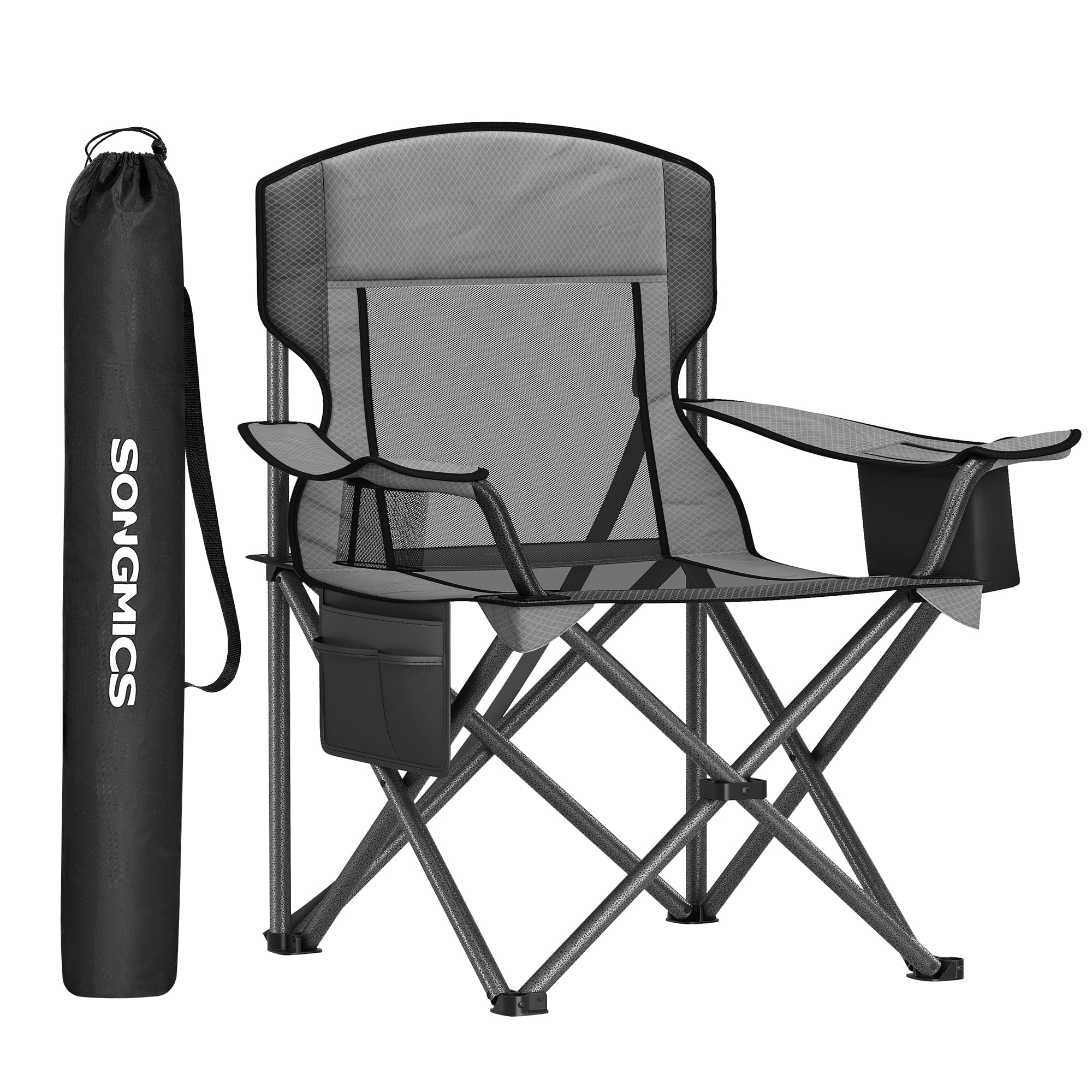 SONGMICS Camping Chair, Folding Lawn Chair with Cooler Bag, 352 lb Weight Capacity, Adjustable Armrests with Cup Holder, Storage Bag, Breathable Nylon Mesh, for Sports Games, Slate Gray UGCB