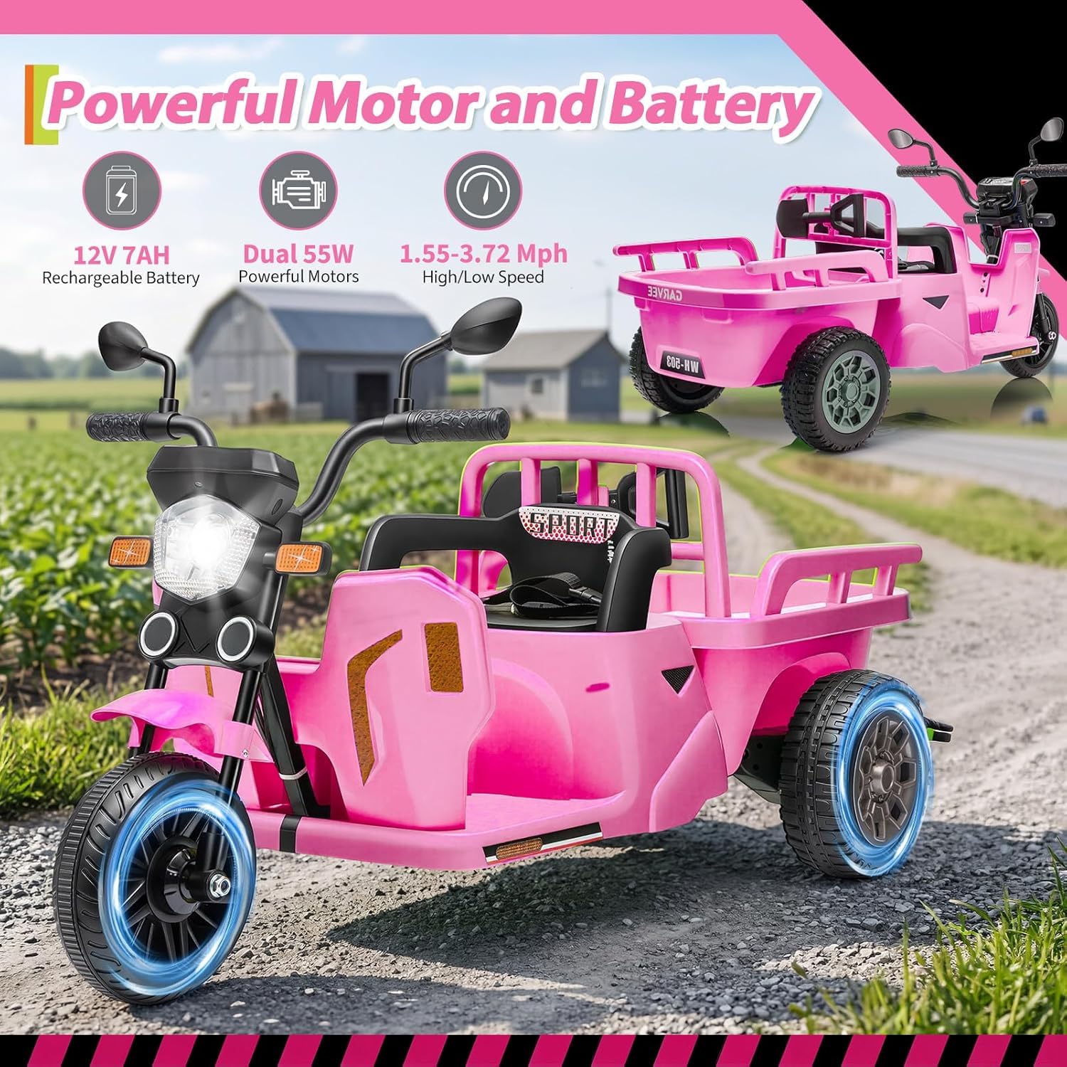 Elektrisches Dreirad 12V Kinder mit Anhängerplattform, dreirädriges Elektro-Kinderfahrzeug mit Fernsteuerung, Musik, Bluetooth, Rückspiegeln und LED, für Kinder ab 3 Jahren, Rosa