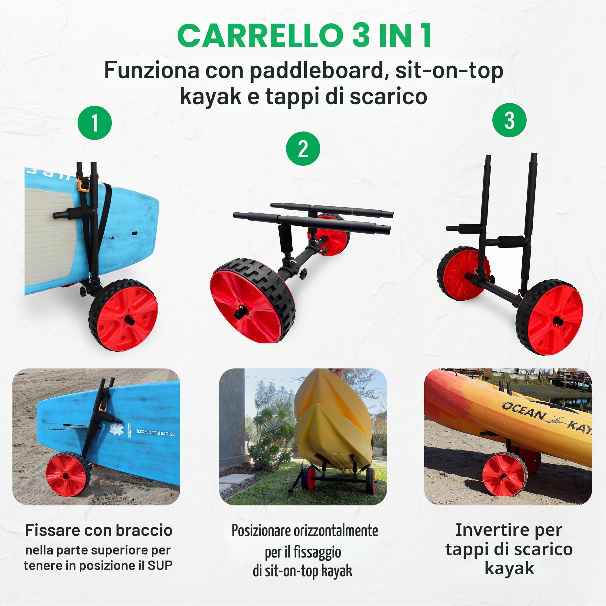Carrello per canoa 3 in 1, multifunzione, regolabile, per kayak, paddle e piccole imbarcazioni