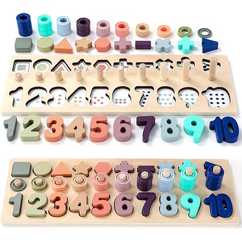 BEKILOLE Wooden Montessori Toys for Kids Toddler Number Puzzles Sorter Counting Shape Stacker Stacking Game Preschool Toys for Boy Girl Learning Education Math Blocks 1 Year Old Girl Gifts (Macron)