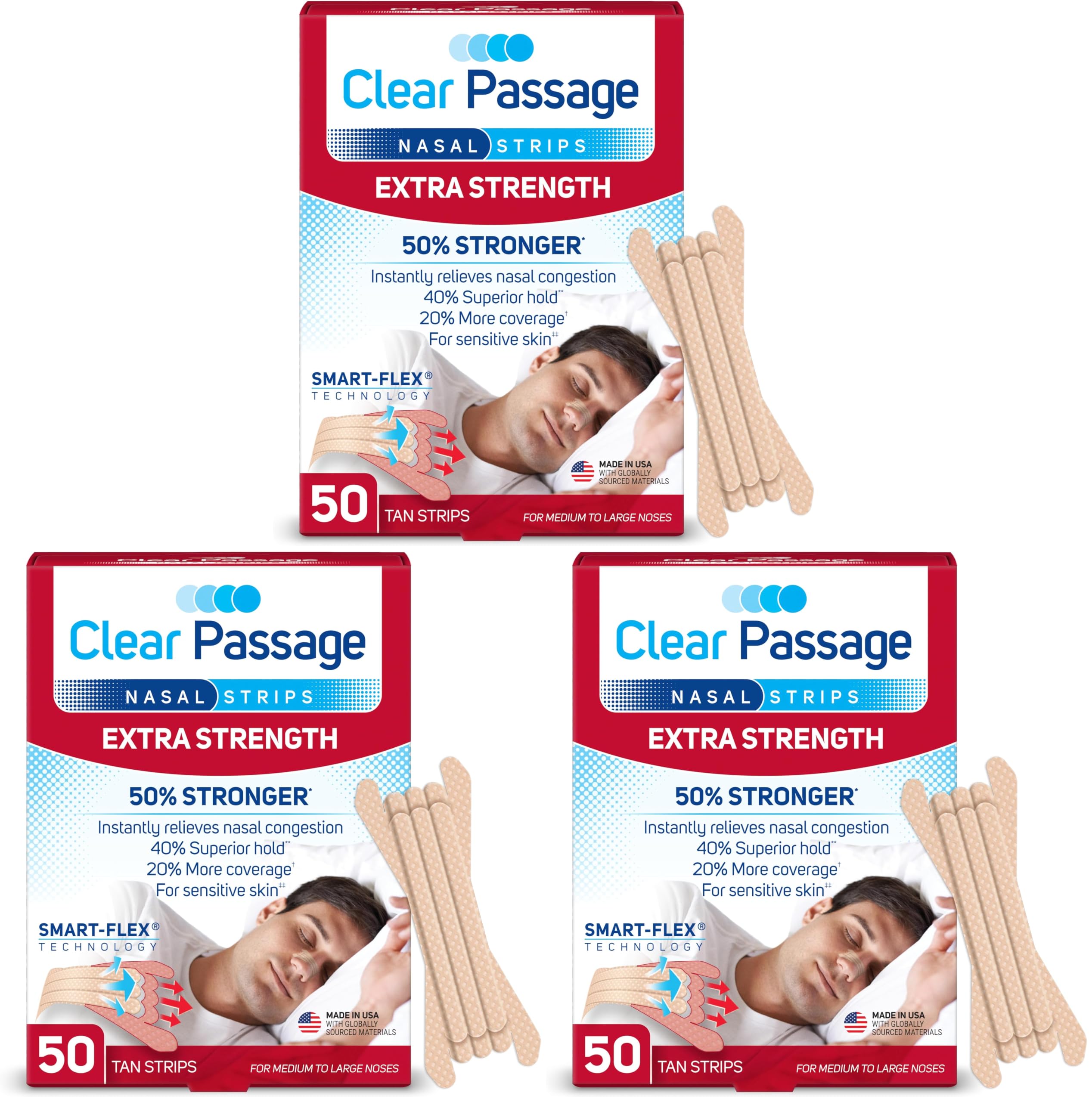 Clear Passage Nasal Strips Extra Strength, Tan, 50 Count | Works Instantly to Improve Sleep, Reduce Snoring, &amp; Relieve Nasal Congestion Due to Colds &amp; Allergies (Pack of 3)