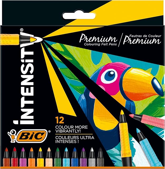 Bic Intensity Premium Felt Tip Pens for Adults and Children in 12 Colours with Comfortable Rubber Handle and Sturdy Tip, 977891