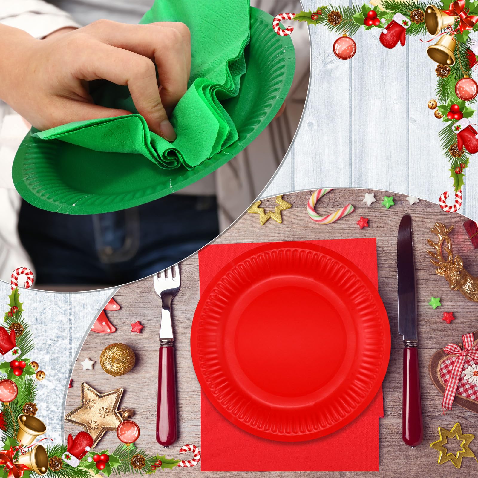 Layhit Juego de platos y servilletas de Navidad, color rojo y verde, suministros de fiesta de Navidad, platos desechables de postre y servilletas para fiesta (400 piezas)