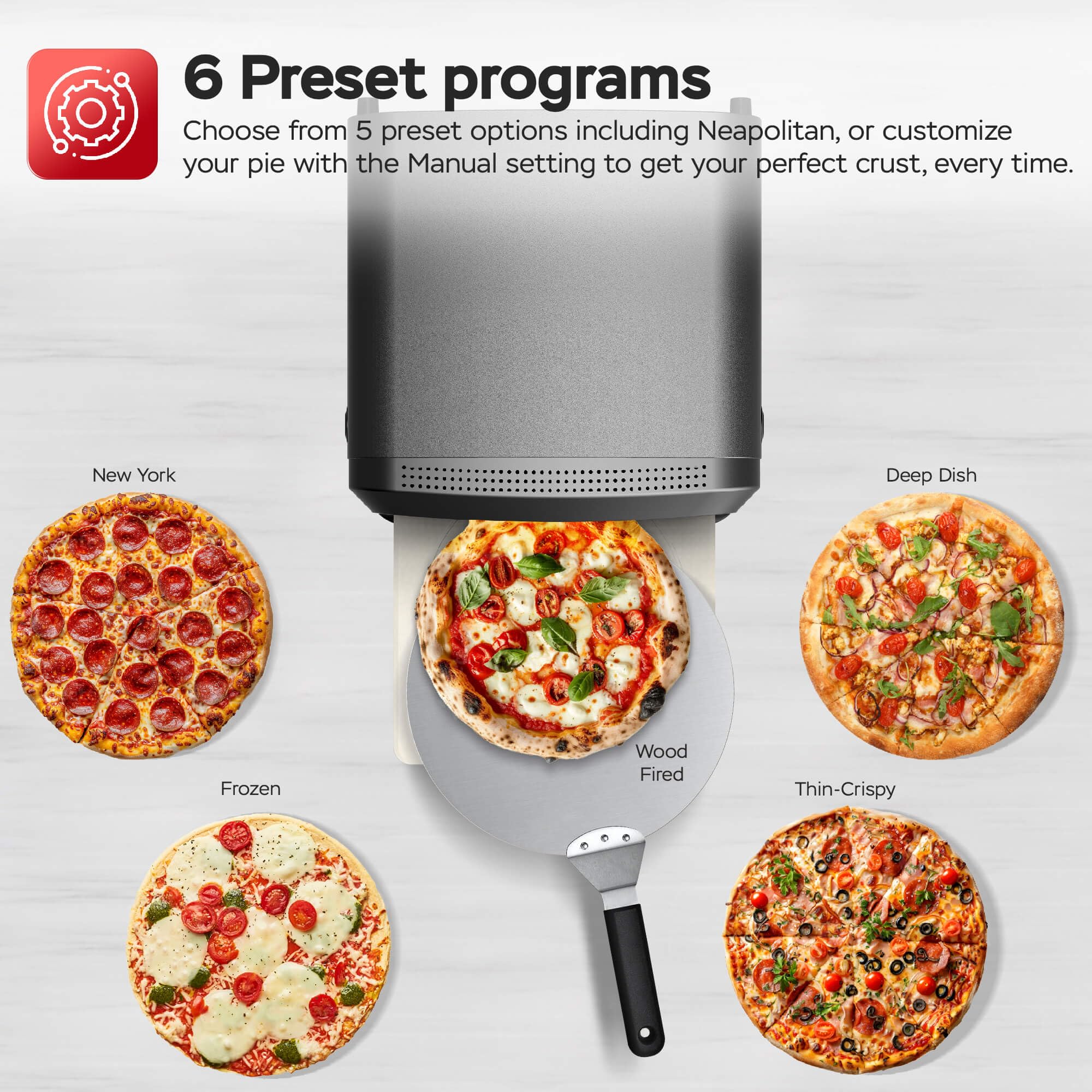 Elektrischer Pizzaofen bis 450°C für 37cm (14,6") große Pizza New York mit Pizzastein Indoor/Outdoor 2200W Garten für Zuhause kleine Back Ofen Tisch Flammkuchen mobiler inkl. Pizzaschieber
