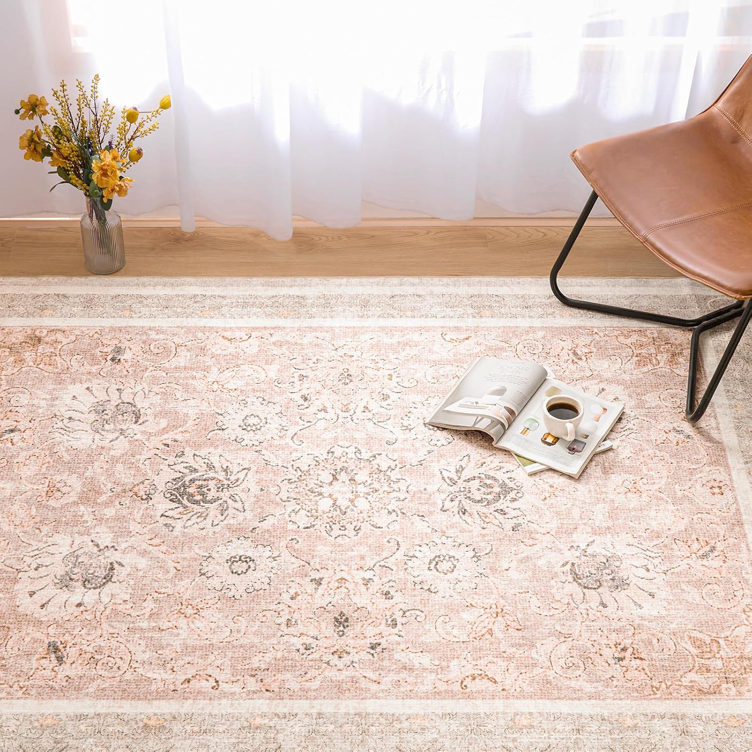 Phantoscope Washable Area Rug 6'x9' Non-Slip, Vintage Neutral Rugs for Living Room, Bedroom, Dining Room, Distressed Boho Floral Medallion Pattern, Low-Pile Foldable Floor Carpet, Soft Pink/Beige