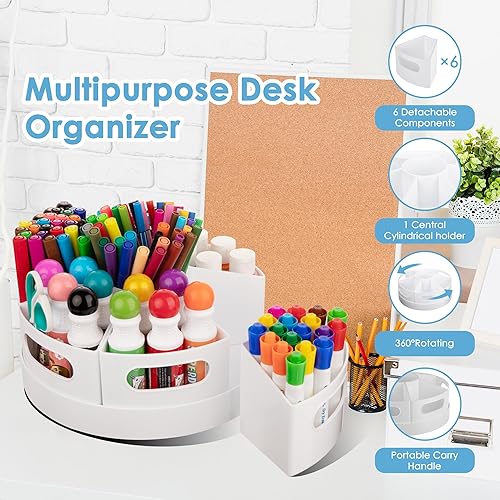 Miniatura 6 de Organizador de suministros de arte, organizador de escritorio extragrande giratorio de 360 con 7 compartimentos extraíbles, organizador de