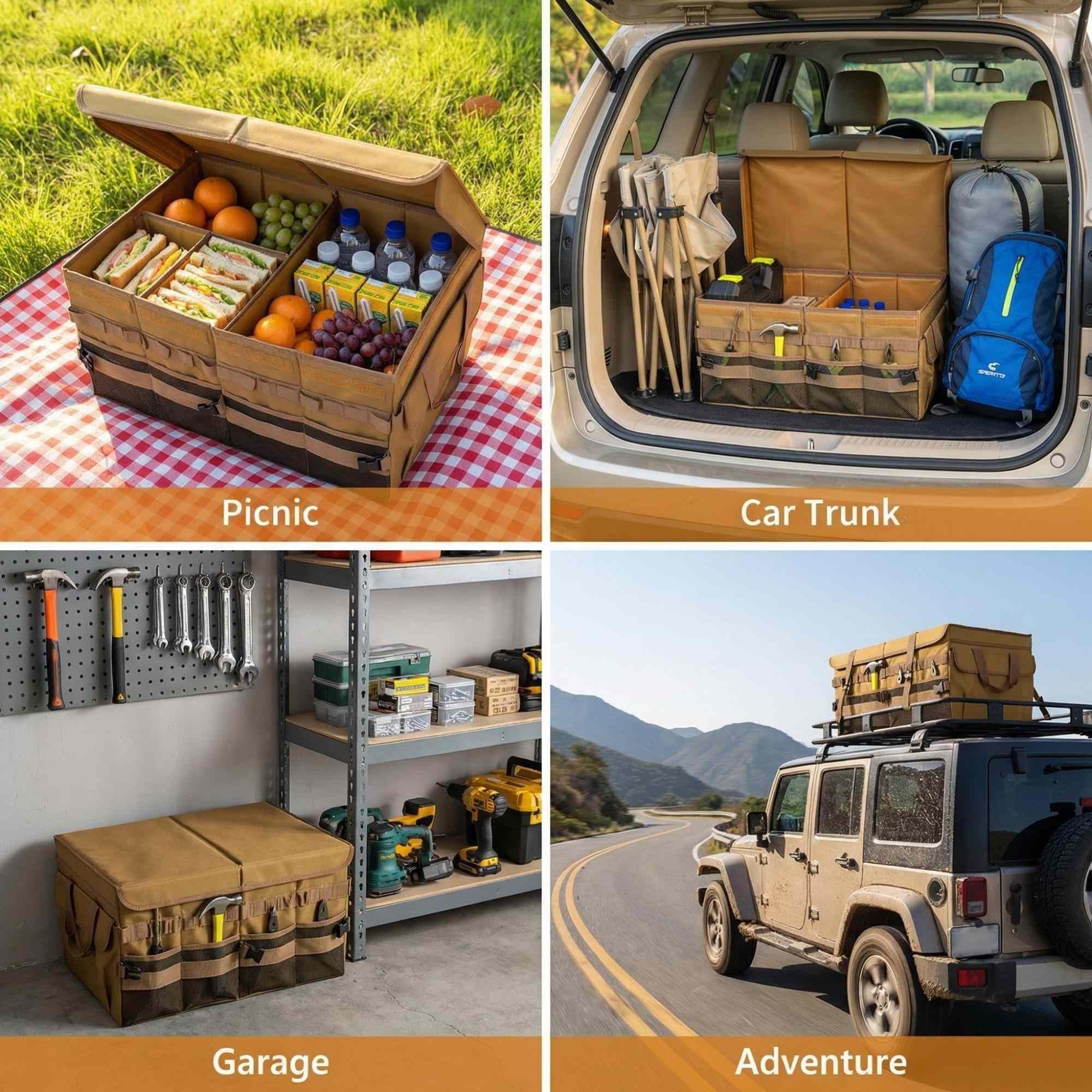 Großer 70 l SUV-Kofferraum-Organizer, Kofferraum-Organizer mit Deckel, faltbare Cargo-Aufbewahrungsbox, braun, 4 Fächer mit Griff, universell für Auto, Limousine, LKW, Camping