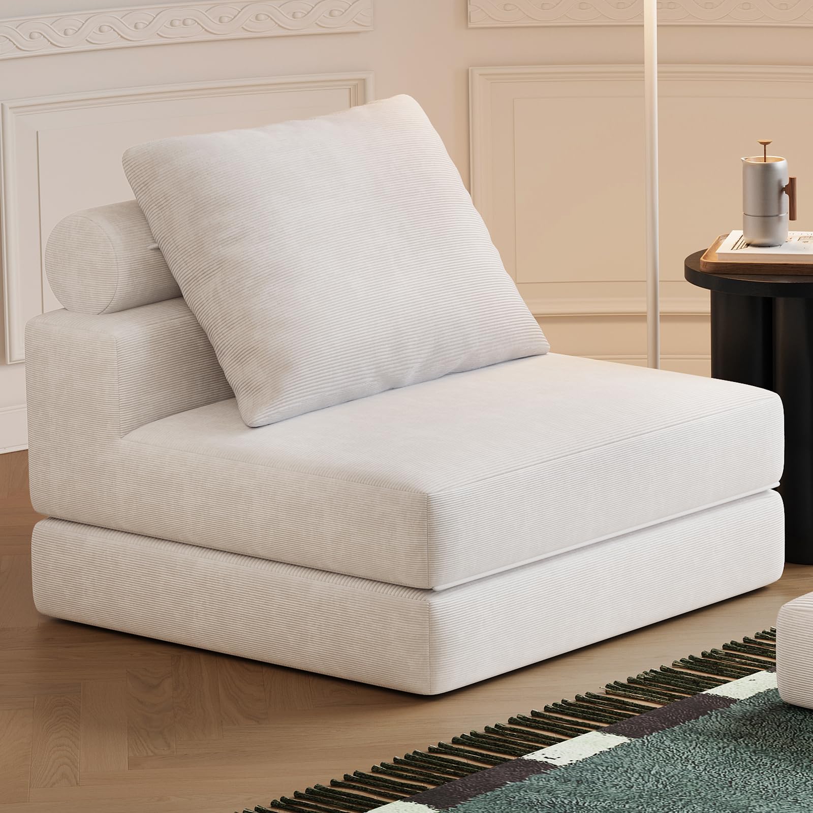 folding sofa bed, 3-in-1 convertible sleeper chair bed with pillows, foldable floor couch with high-density foam, futon small boneless couch for living room bedroom lounge, single, white