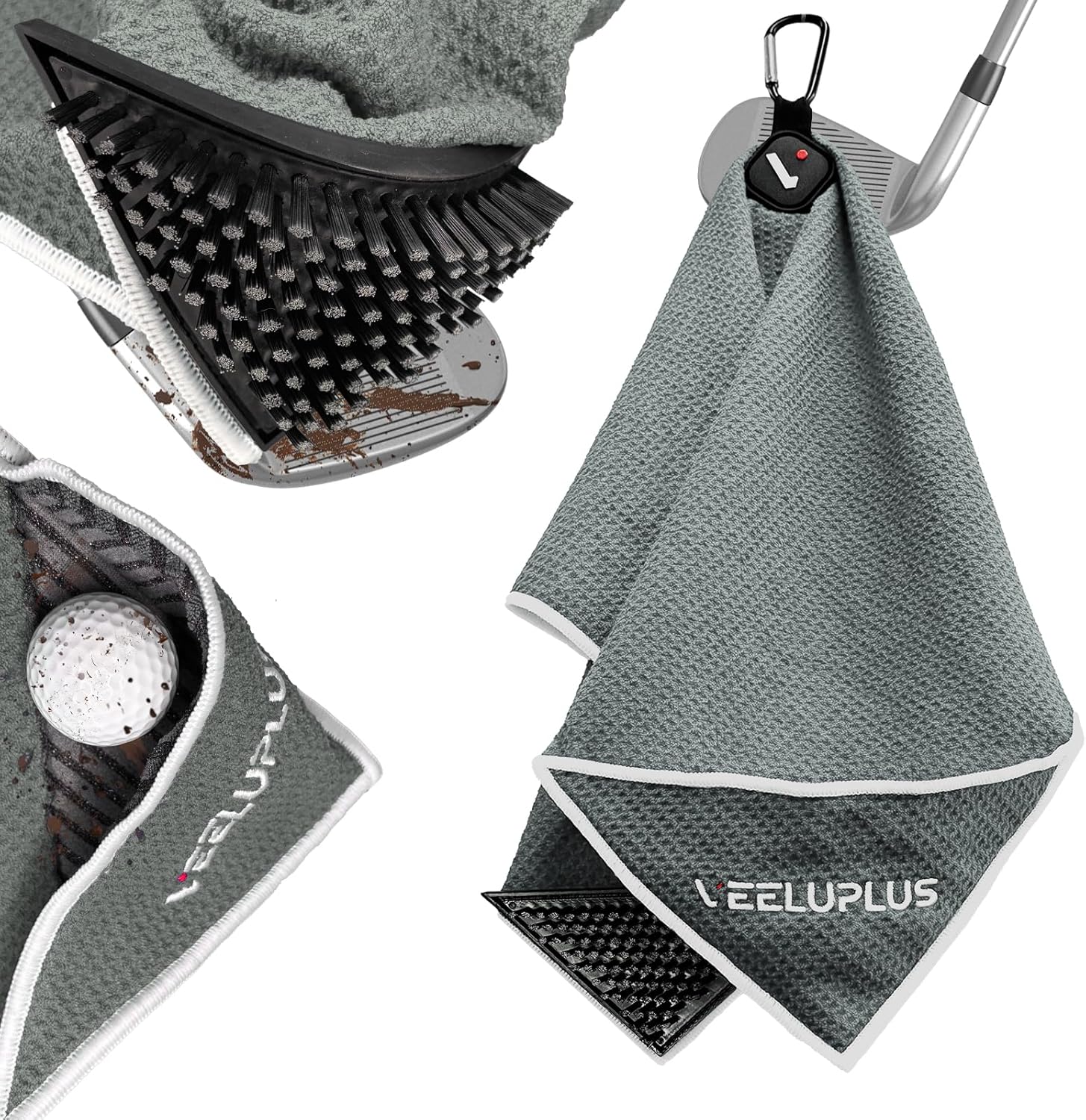4-in-1 Magnetic Golf Towel with Golf Brush & Cleaning Pocket -3 Stage Cleaning System - Super Strong Golf Club Cleaner- Microfiber Waffle-15.7" X 23.6" Golf Accessories and Gifts for Men Women (RED)