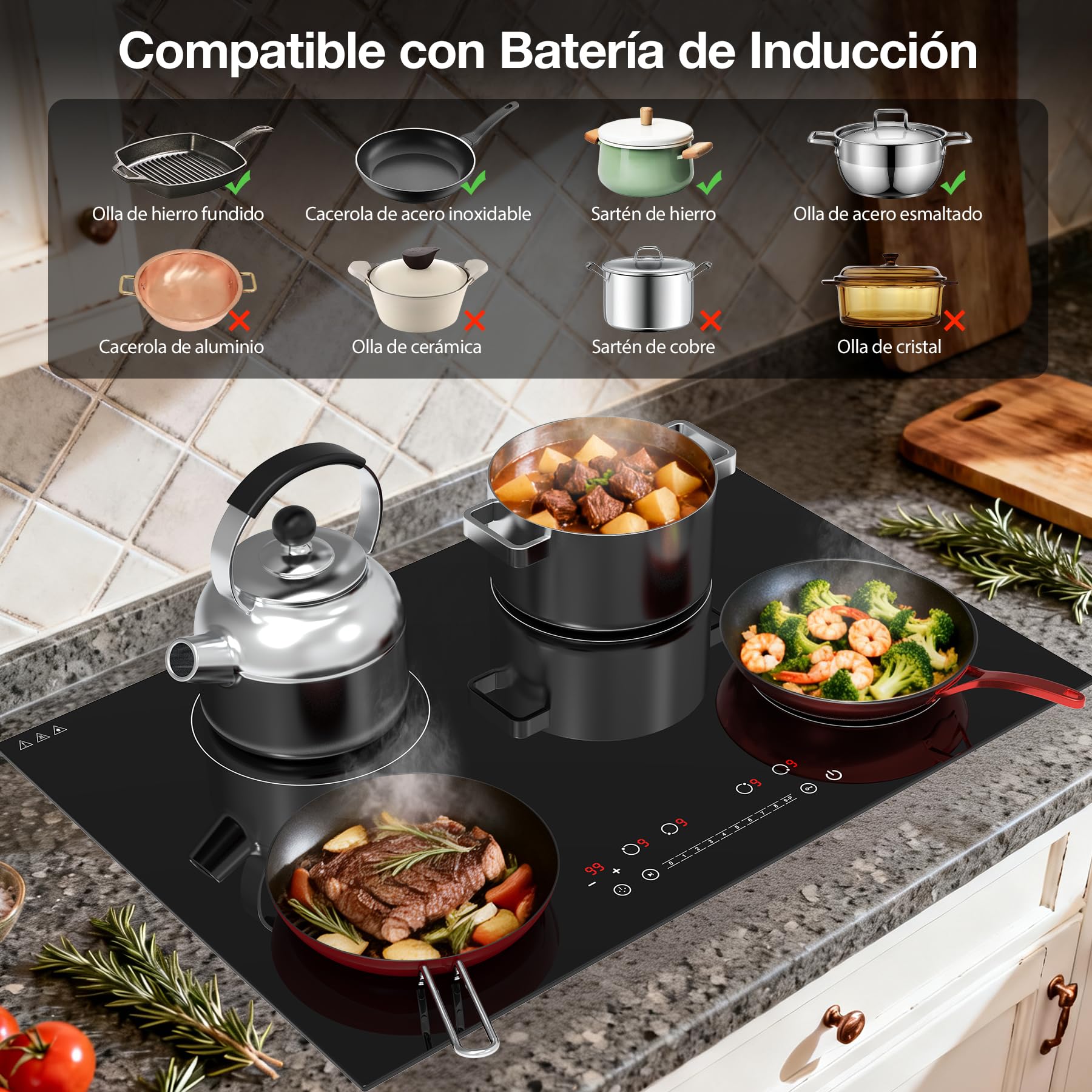 Placa de Inducción 4 Fuegos 6400W, Placa Encastrable 77cm para Cocinas Grandes, Control Táctil 9 Niveles con Boost, Temporizador, Bloqueo Infantil, Cristal Cerámico Fácil de Limpiar