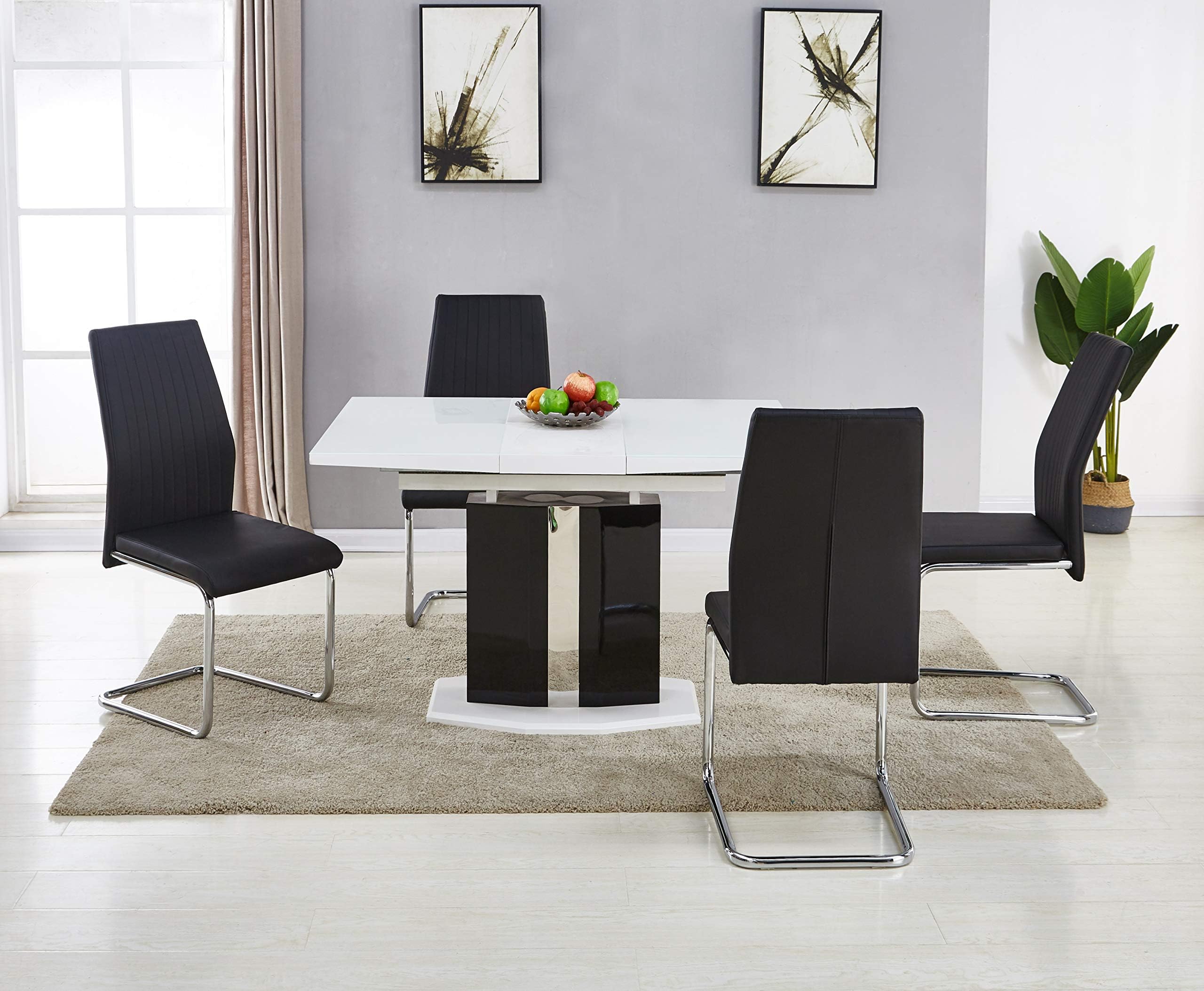 MODERNIQUE® Lucido Extending (Central Part) White Dining Table and 4 Chairs, Pedestal Black High Gloss Modern Look Quality Dining Sets
