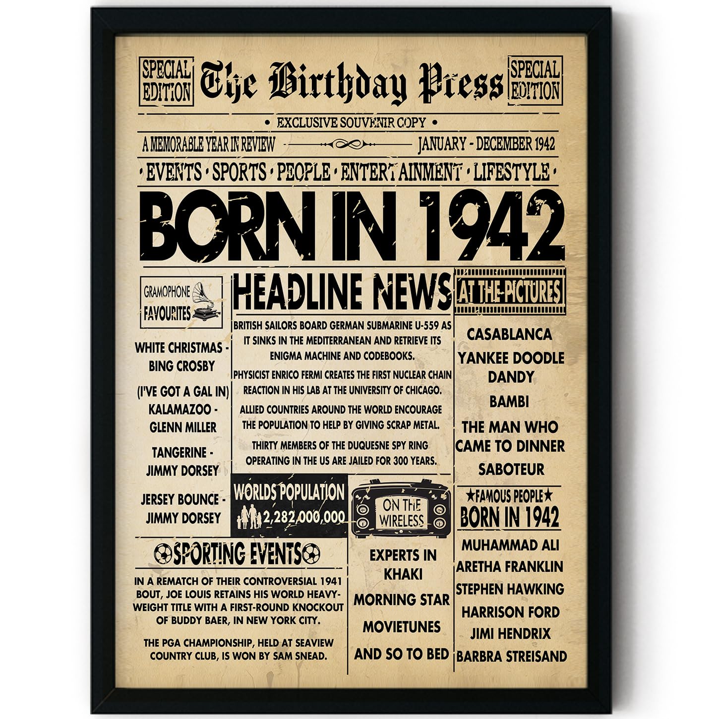 Stuff4 84th Birthday Poster Framed - Born In 1942 Vintage Newspaper - Happy 84th Birthday Gifts for Women Men Retro Back In 1942, 8x10 Inch Decor Decoration Bday Party