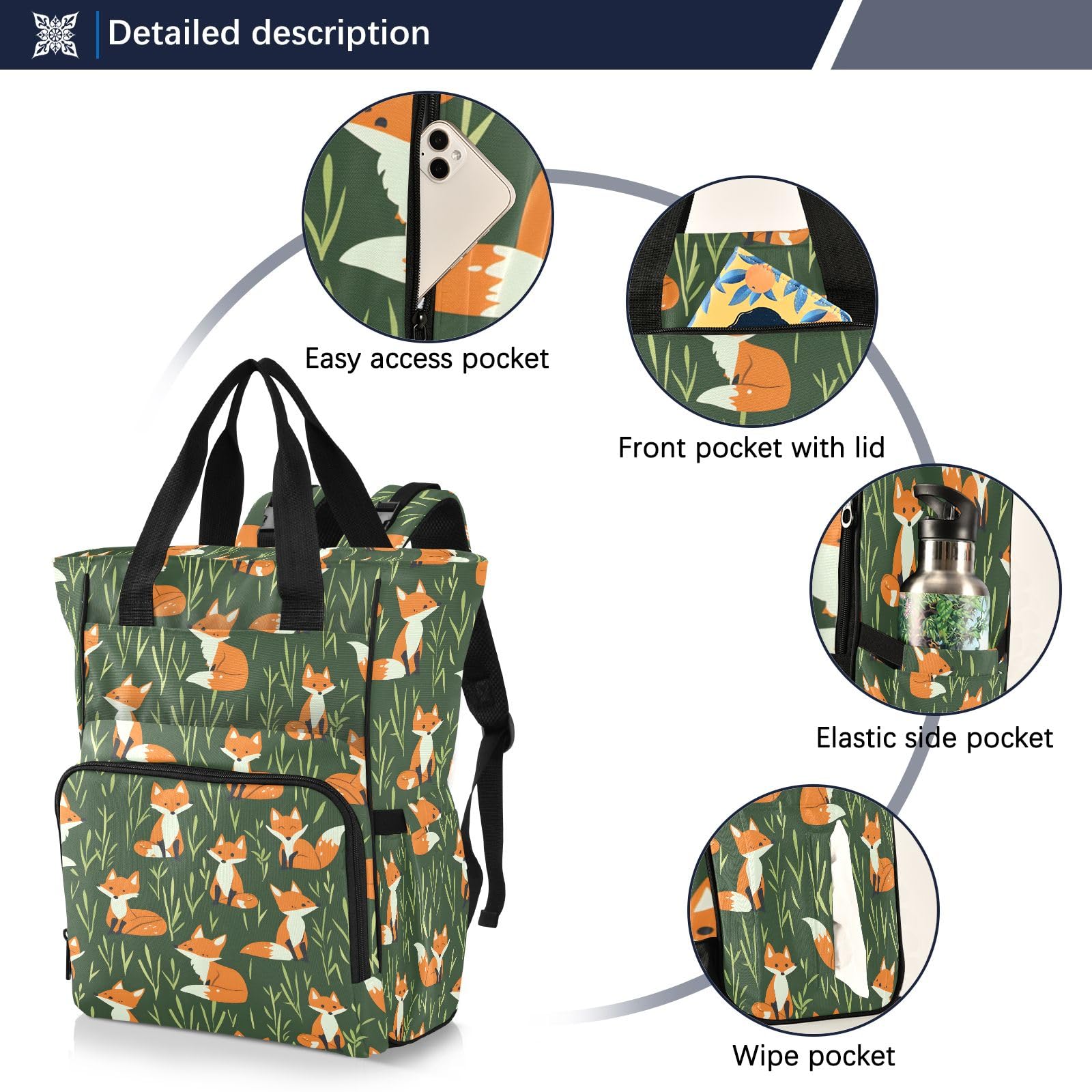 Mnsruu Carino e semplice cartone animato volpi ed erba bambino borsa per pannolini zaino grande borsa impermeabile viaggio borse per pannolini per mamme e papà