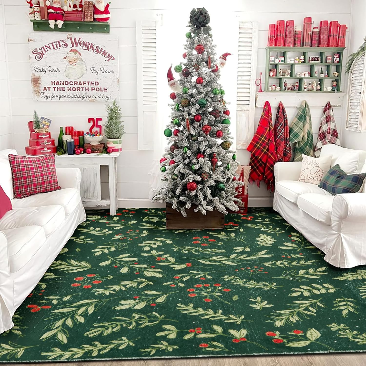 Washable Vintage Floral Christmas 5x7 Area Rugs Non Slip - Ultra Thin Soft Xmas Tree Green Berries Holly Branches Winter Christmas Rug Accent Carpet for Kitchen Bedroom Living Room Entryway 5x7 Dark Green