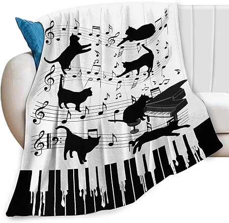 Piano Keys Cat Print Blanket Music Notes Musical Throw Blankets for Couch Sofa Bed Stuff Decor Gifts Soft Cozy Fleece Plush Warm Flannel Bedding for Lover Men Women Girls Boys Teen Adults 40"x50"