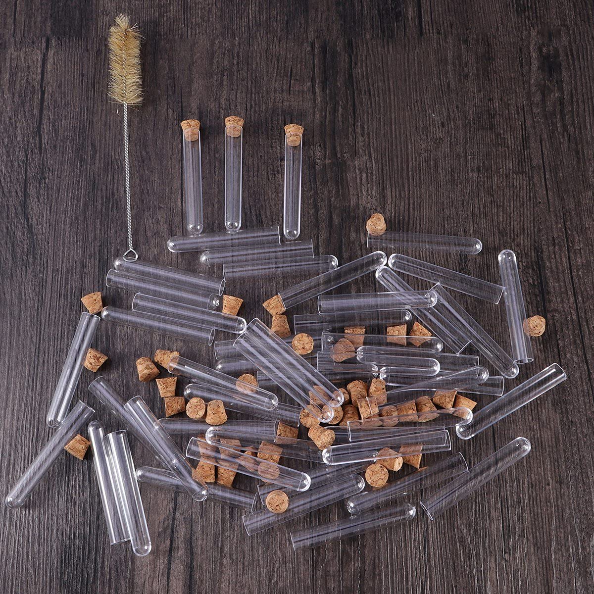 1. 2x7. Plastikowe przezroczyste probówki testowe o średnicy 5 cm z korkami i pędzelkiem do eksperymentów naukowych Przechowywanie proszku w płynie (100 szt.)