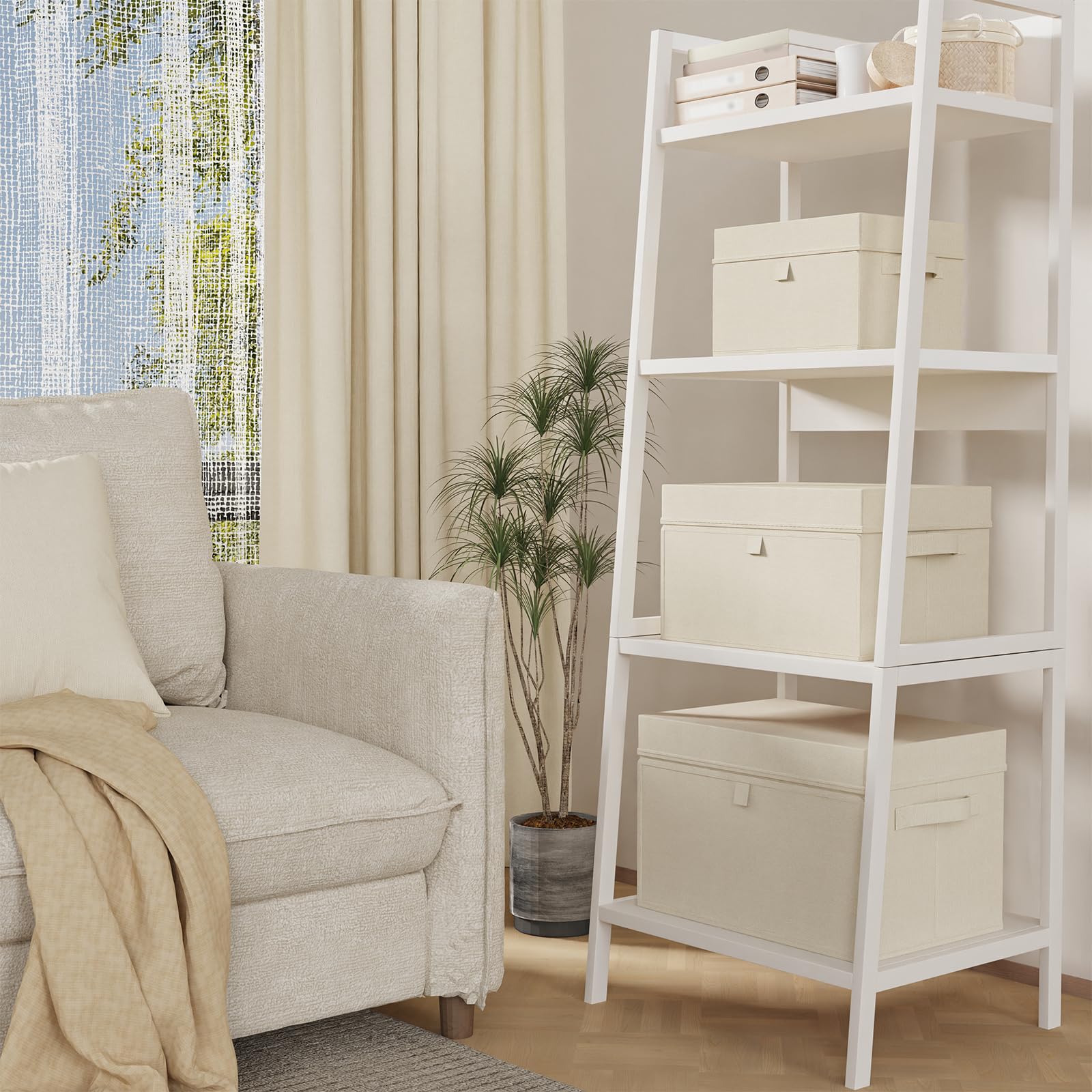 Scatole di Stoccaggio Pieghevoli con Coperchi, Organizzatore Armadio con Manici, Cubo Portaoggetti in Tessuto, per Casa, Ufficio, Scuola, 3 Pezzi, 38x25x25cm, Beige