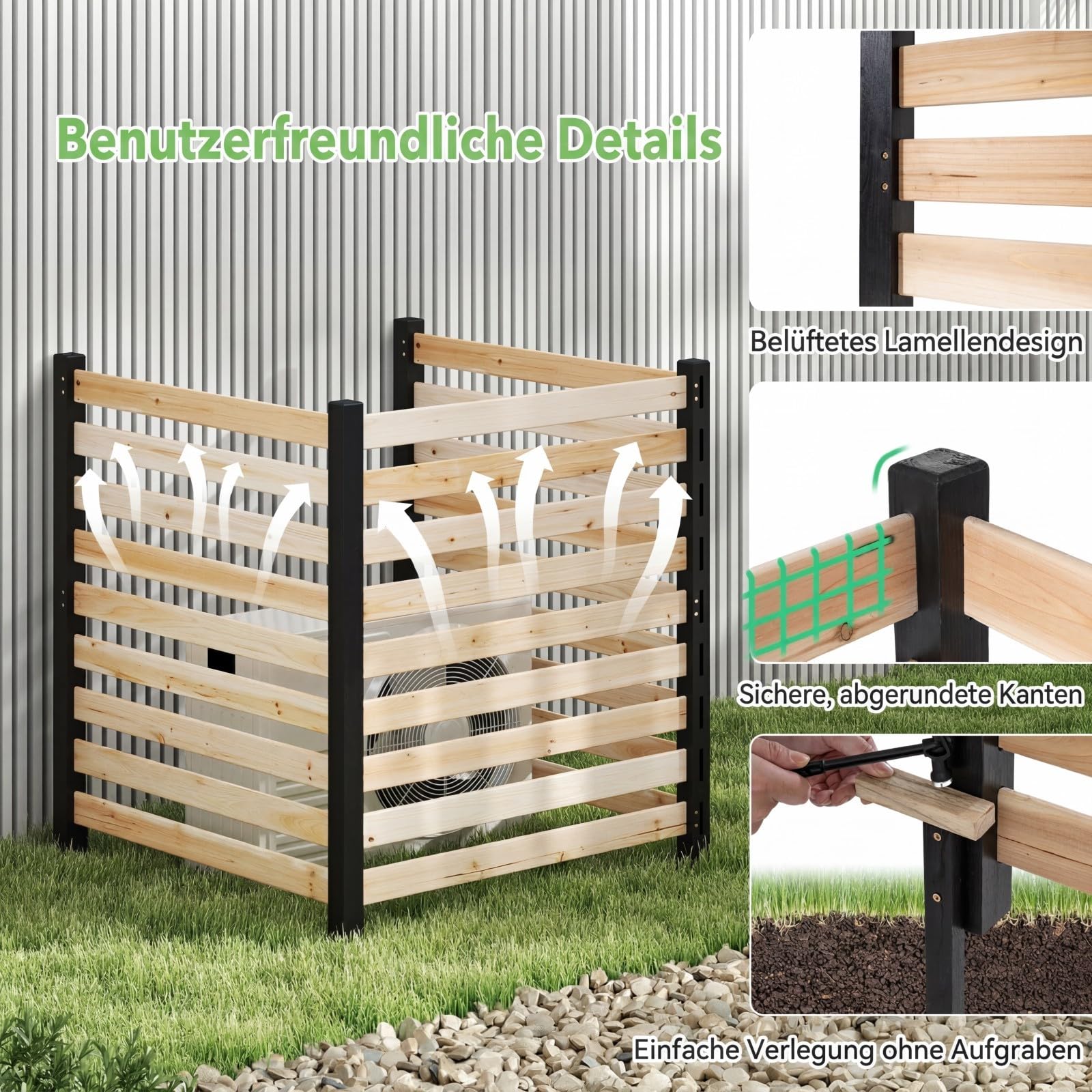COSTWAY Gartenzaun 3-teilig, Zaun mit 4 Pfählen, 98 x 107 cm, Sichtschutzzaun aus Holz, Steckzaun Lamellenzaun, Tannenholz, freistehender Sichtschutz für Garten Terrasse, Natur