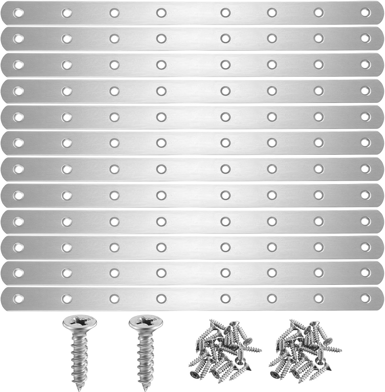 12 Pcs Flat Straight Braces, 12" Stainless Steel Straight Brackets, Metal Flat Straights Bracket with 8 Holes, Joining Plates with Screws for Wood Connector