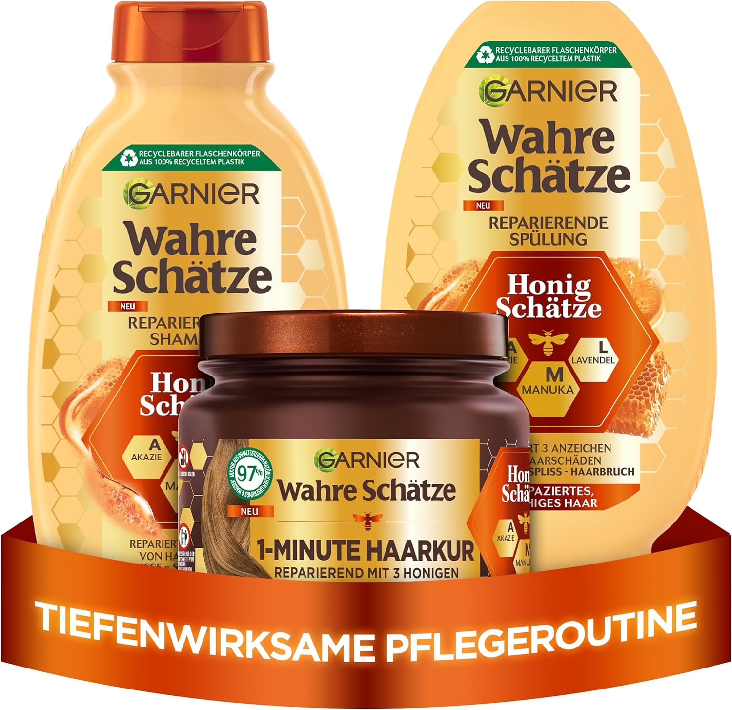 Garnier Wahre Schätze Haarverzorgingsset met acaciahoning, manuka en lavendel, honingschatten shampoo (250 ml), conditioner (200 ml), 1 minuut haarkuur (340 ml), 3-delig Garnier Wahre Schätze Haarverzorgingsset met acaciahoning, manuka en lavendel, honingschatten shampoo (250 ml), conditioner (200 ml), 1 minuut haarkuur (340 ml), 3-delig