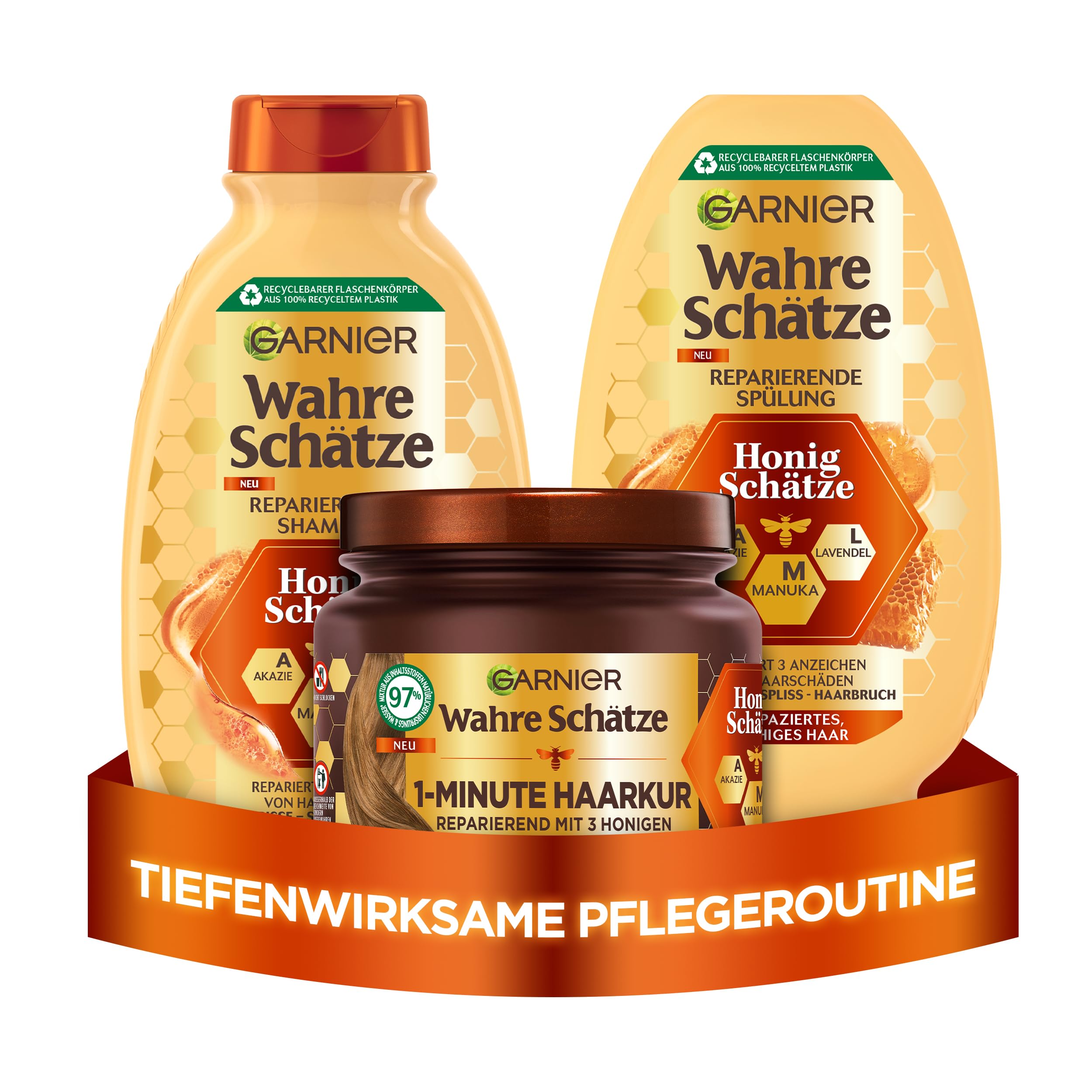 Garnier Wahre Schätze Haarverzorgingsset met acaciahoning, manuka en lavendel, honingschatten shampoo (250 ml), conditioner (200 ml), 1 minuut haarkuur (340 ml), 3-delig