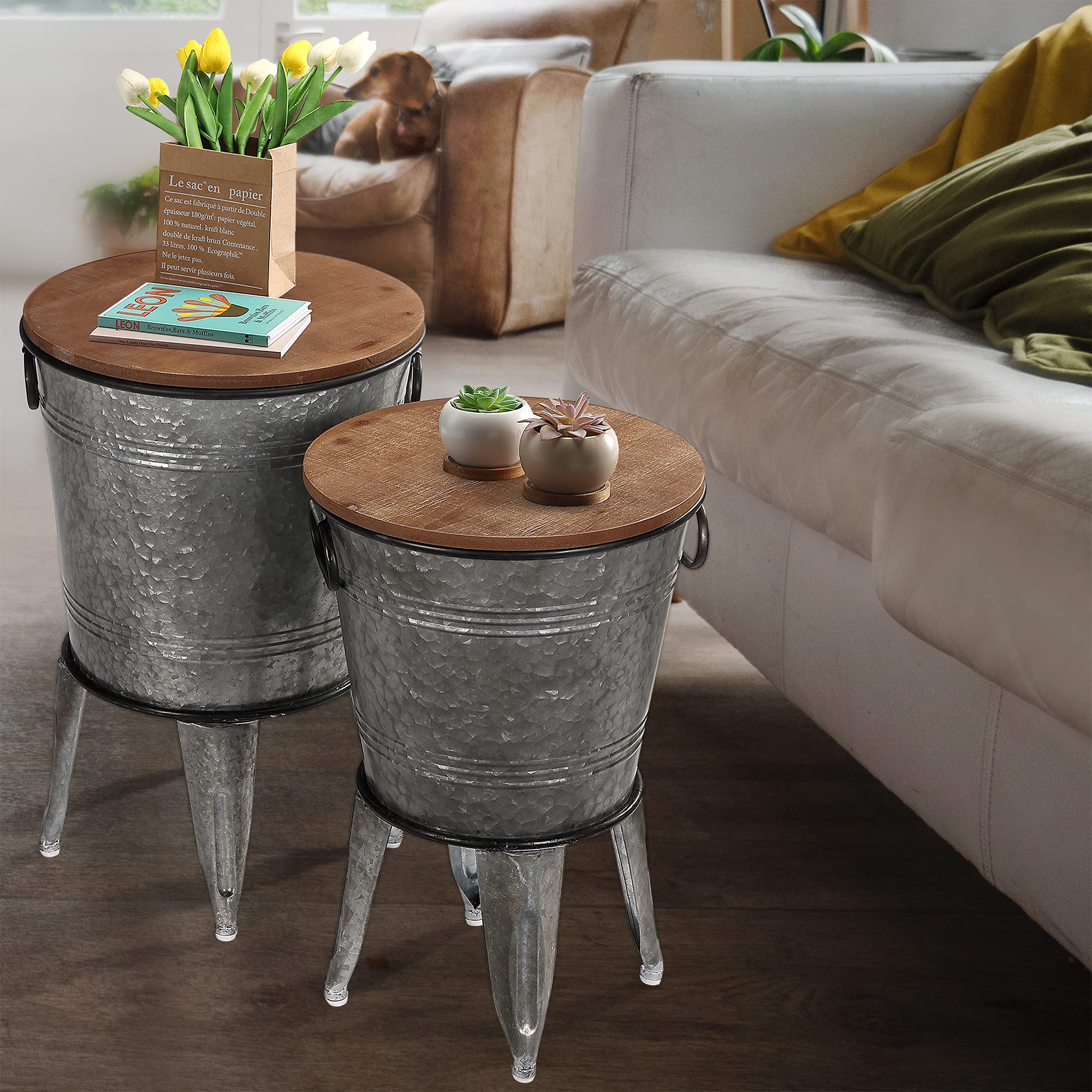 Farmhouse Galvanized Side Table Rolling Side Table | Rolling Side