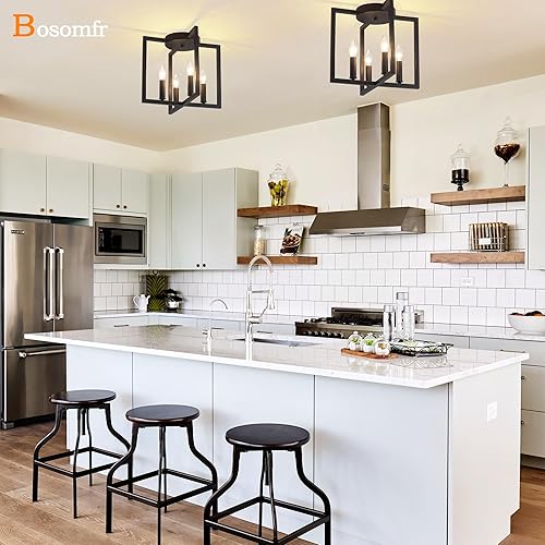 Miniatura 7 de Lámpara de techo semiempotrada de 4 luces, color negro, moderna lámpara industrial de granja con pantalla geométrica de metal, cocina, pasillo, baño