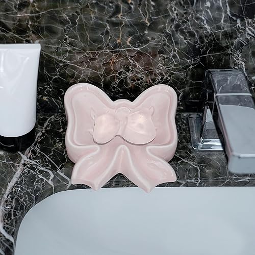 Miniatura 4 de Jabonera con lazo, caja de jabón de cerámica en forma de lazo, jabones de cerámica para baño, fregaderos, cocina (rosa)