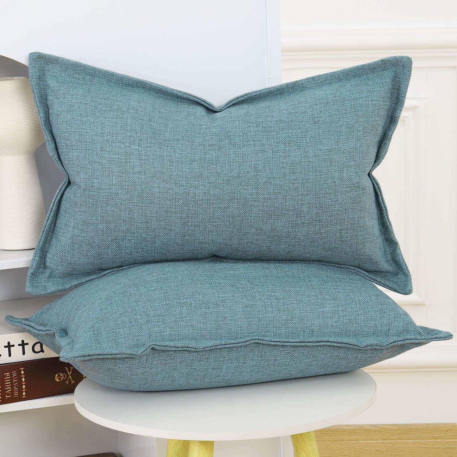 Madizz Set of 2 Faux Linen Cushion Covers with Broad Edge Soft Boho Decorative Pillow Cases for Sofa Bedroom Modern Pillow Shell 12x20 inch - Image 2