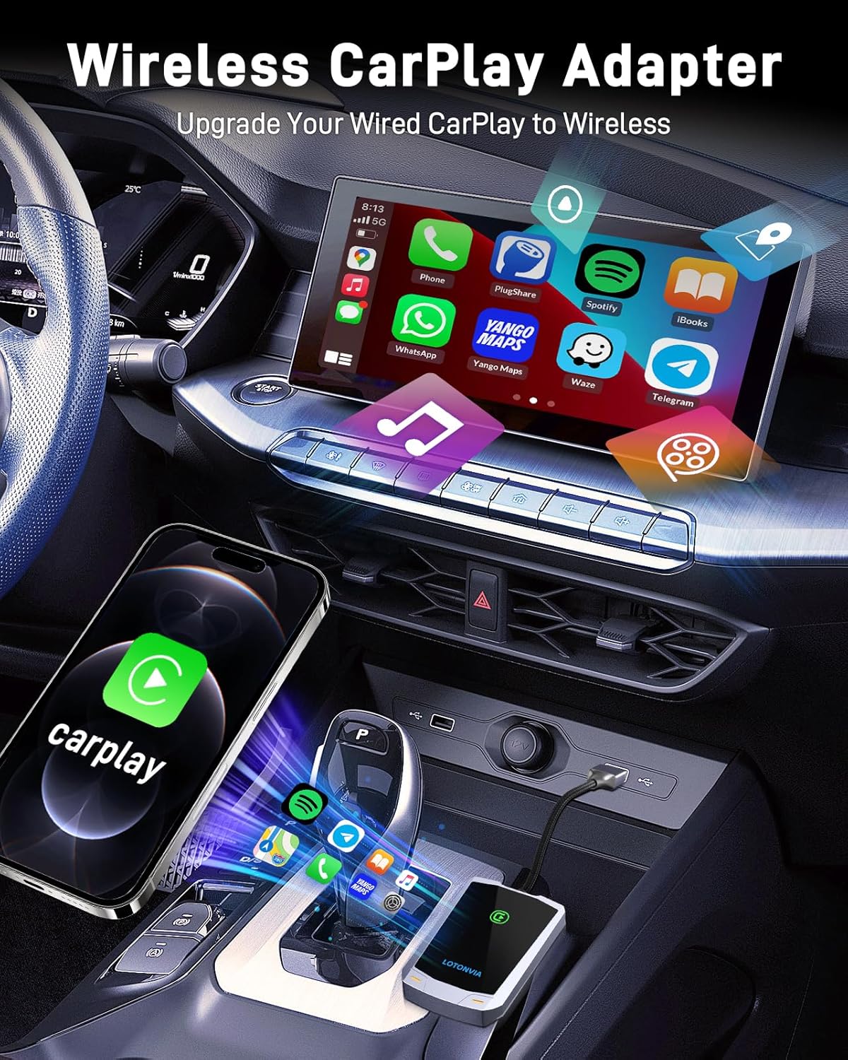 Wireless CarPlay Adapter for iPhone,Plug  Play,No Latency,Converts Wired CarPlay to Wireless,Carplay Dongle for iPhone with iOS 10+ and 2015+ Cars,BT 5.2  5.8G WI-FI6 (Two Conversion Cables)