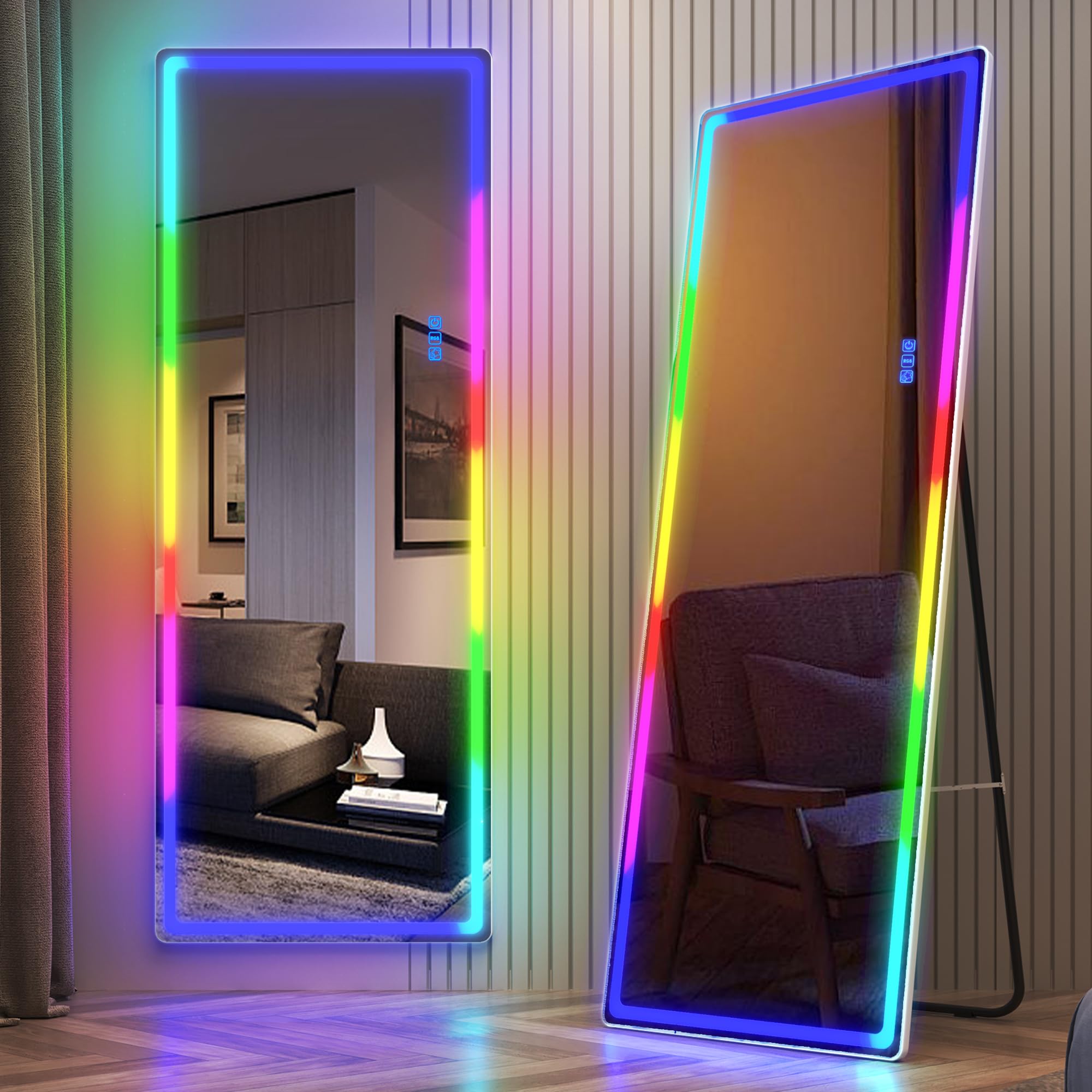 LVSOMT Lustro stojące LED na całe ciało, 153 x 50 cm, lustro ścienne RGB, duże lustro podłogowe na całej długości z kolorowymi światłami, nowoczesne lustro na całe ciało, bez ramy, do sypialni, białe