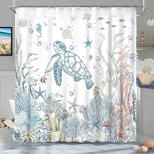 Miniatura 4 de Cortina de ducha náutica costera, divertida cortina de ducha para niños, tortuga marina, estrella de mar, caballito de mar bajo el agua, cortina de