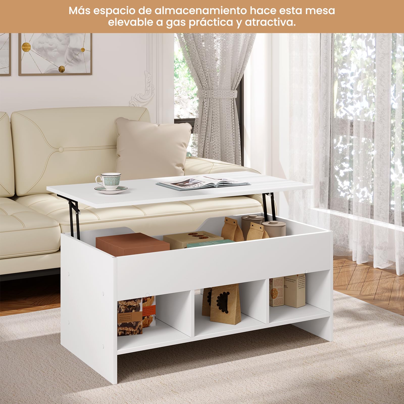 WOLTU Mesa de Centro Elevable y Extensible con Superficie Elevable | 3 Estantes Abiertos,Fácil de montar，Capacidad de carga máxima 30 kg,Mesita Pequela para Salon,Blanco,95x(40-55.5)x50 cm