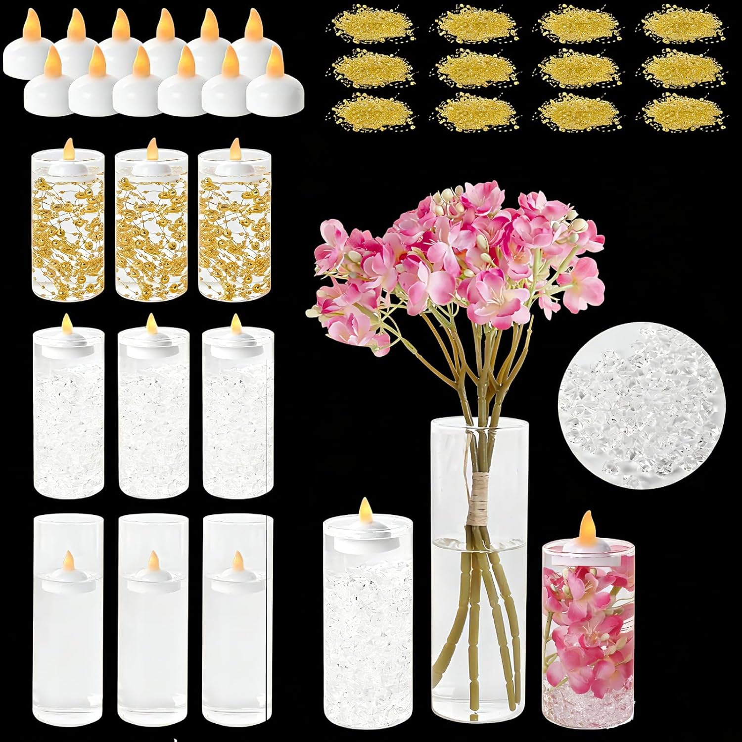 9 Set Cylinder Glass Vases with 14 Floating Candles 1150 Vase Filler 12 Pearl String, 4,6,8 Inch Tall Clear Hurricane Glass Candle Holder for Party Wedding Home Decor Centerpieces for Table Decoration