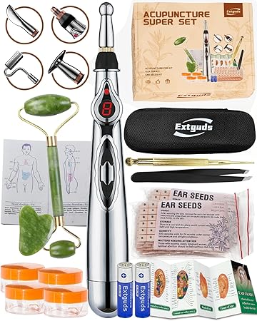 Acupuncture Super Set: 5-Head Electronic Acupuncture Pen + Gua Sha Tool + Ear Seeds + Retractable Acupuncture Pen + 4 x Extra Massaging Gel + Tweezers+Chart+Batteries (Acupuncture Set(with A new bag))