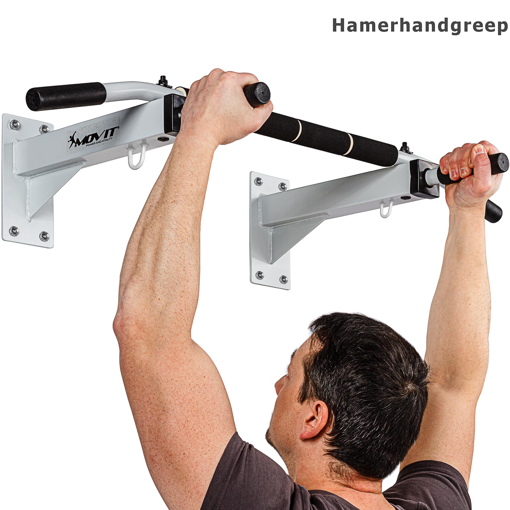 MOVIT® professionele optrekstang voor plafondmontage, tot 350 kg, 6x anti-slip handgrepen, 2x oogjes voor accessoires, getest op schadelijke stoffen, zwart, deurrek optrekstang