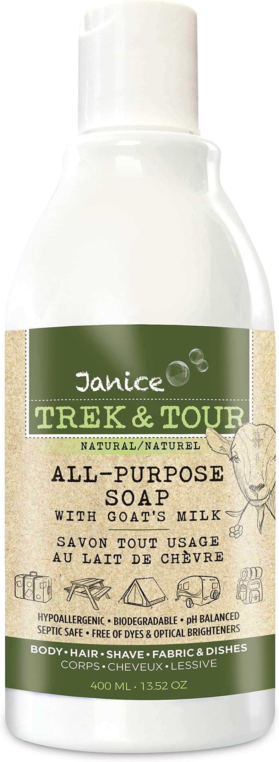 Janice Trek & Tour All-Purpose Liquid Soap with Goat's Milk, White, Outdoor Fresh, 13.5 Ounce