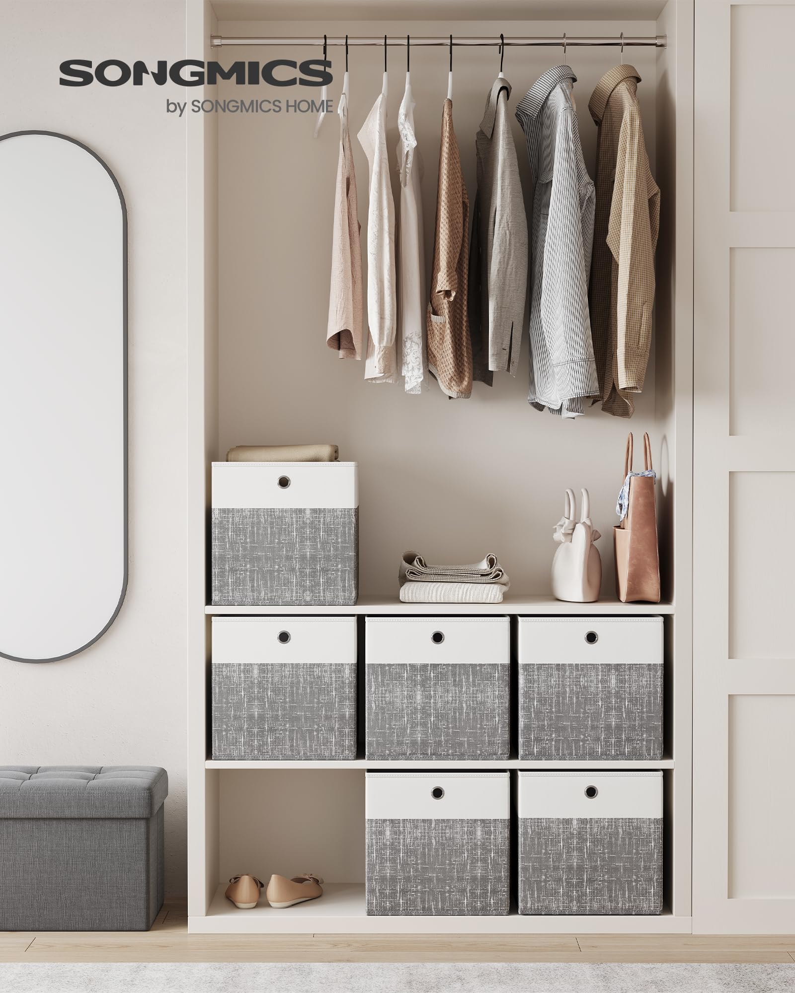 SONGMICS Set di 6 scatole portaoggetti pieghevoli in tessuto, con manici, per mensole armadio, inodore, 33 x 33 x 33 cm, grigio nuvola e grigio cattail URFB433GM02