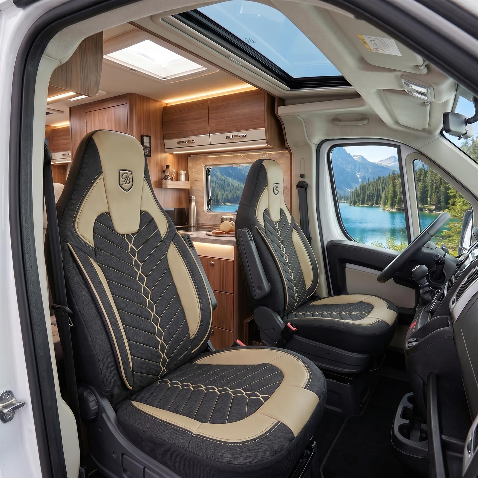 Fundas de Asiento Camper en Lino, compatibles Fiat Ducato, Citroën Jumper, Peugeot Boxer, Asientos Delanteros Conductor & acompañante, Camper & Caravana, Negro-Beige