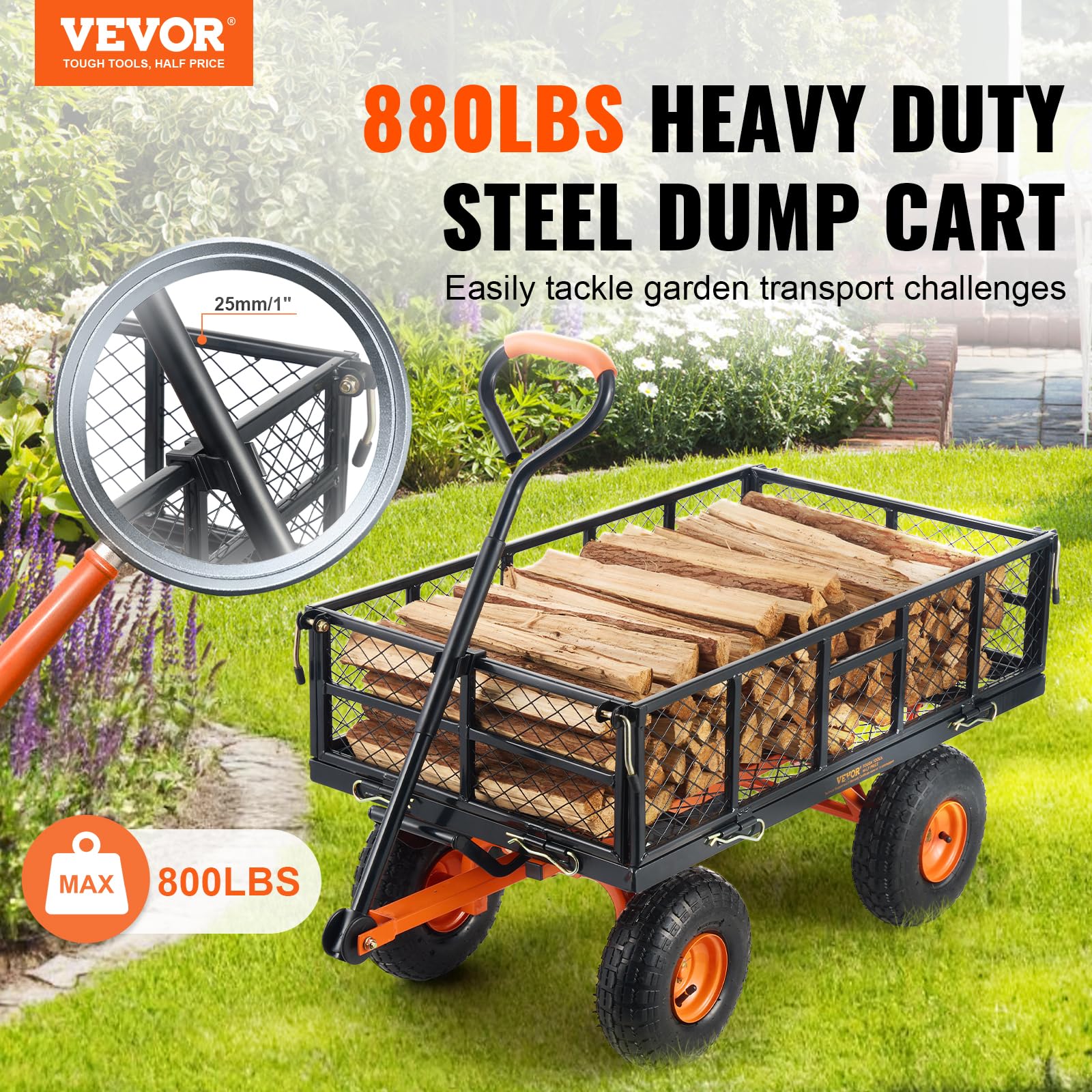 VEVOR Gartenkarre, Gartenwagen aus Metall mit einfach zu montierendem Rahmen, kippbarer Bollerwagen mit umwandelbarem 2-in-1-Griff, Allzweckschubkarre mit 400 kg Tragfähigkeit, 25,4 cm Reifen