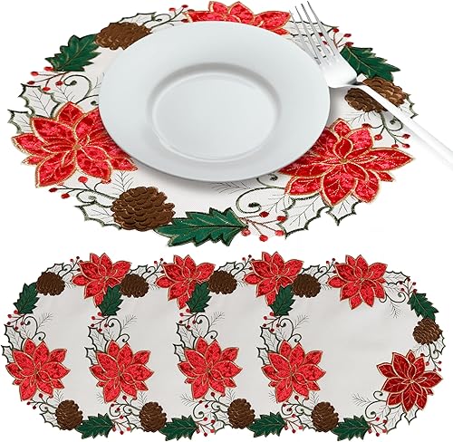 Miniatura 2 de OWENIE Juego de 4 manteles individuales de Navidad, manteles individuales bordados de flor de pascua roja, manteles individuales redondos de tela