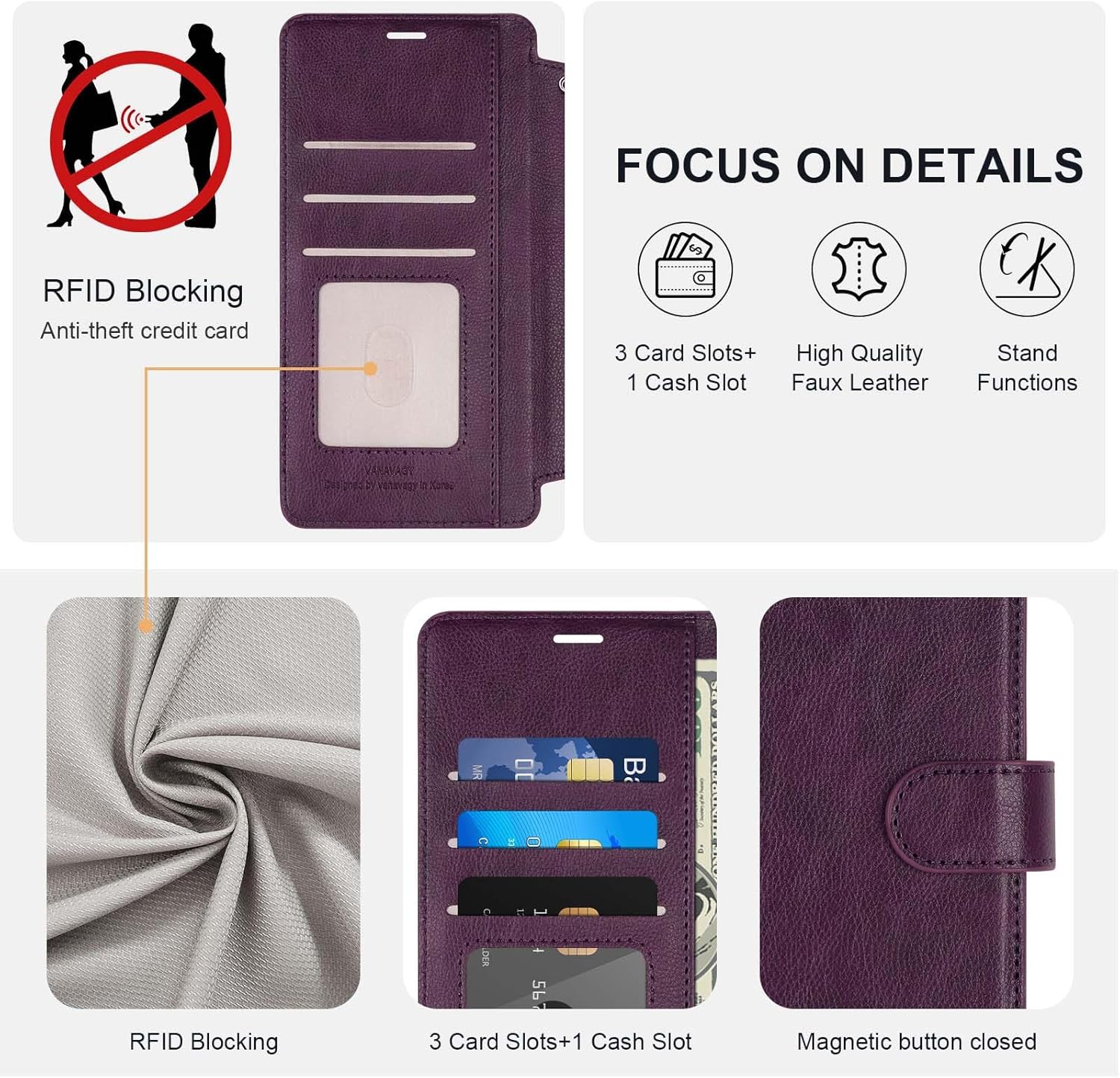 VANAVAGY Compatible for Galaxy S22+ Plus Wallet Case for Women Men, PU Leather Flip Cover with Wrist Strap for Wireless Charging with RFID Blocking Card Holder Screen Protector,Purple
