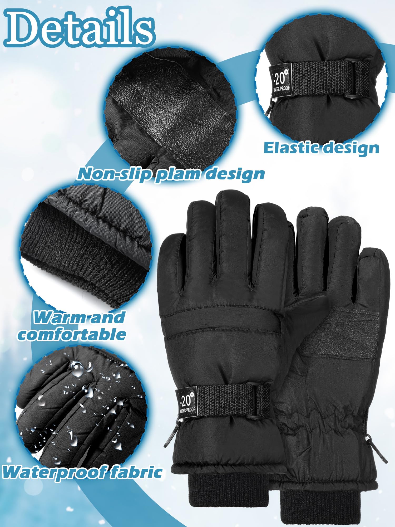Bencailor 6 Paar Winterhandschuhe für Kinder, wasserdicht, Jungen, Schnee, Ski-Handschuhe, Mädchen, warm, winddicht, Fäustlinge für Kinder im Freien (Schwarz, Pfirsichrosa, Weiß, Hellrosa, Dunkelbraun