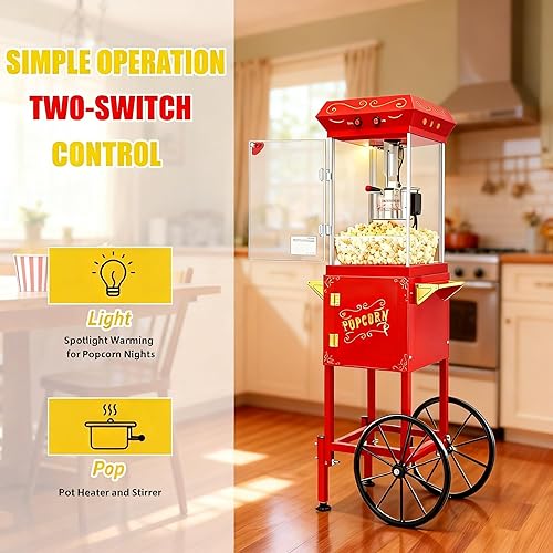 Miniatura 5 de Máquina de palomitas de maíz con carrito y ruedas, máquina para hacer palomitas de maíz con hervidor de acero inoxidable de 8 onzas, máquina de maíz