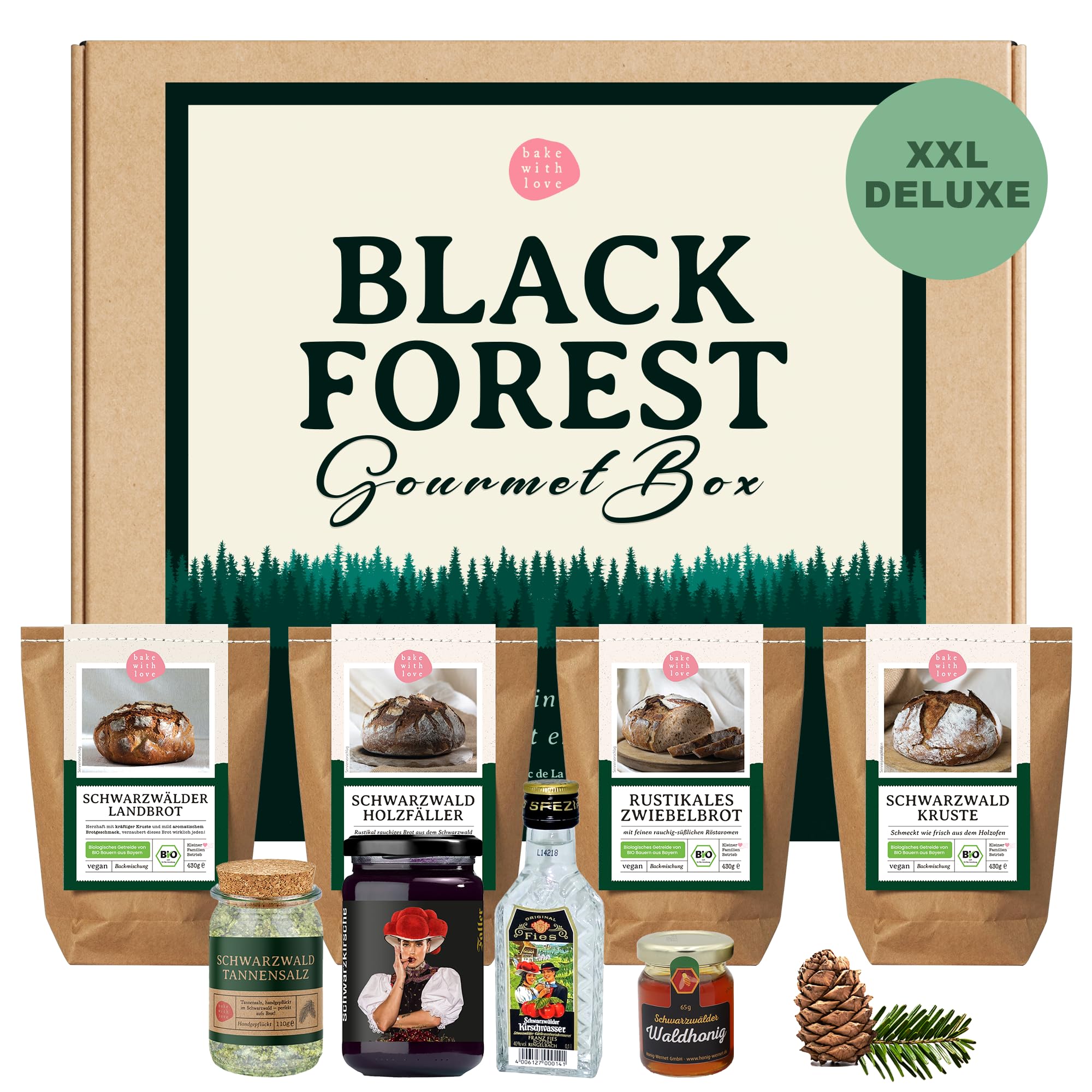 Bake with Love - Black Forest Gourmet Box | zestaw upominkowy z delikatesów ze Schwarzwaldu | koszyk prezentowy na Boże Narodzenie | kosz prezentowy wypełniony mieszankami chleba z bio, konfiturą i