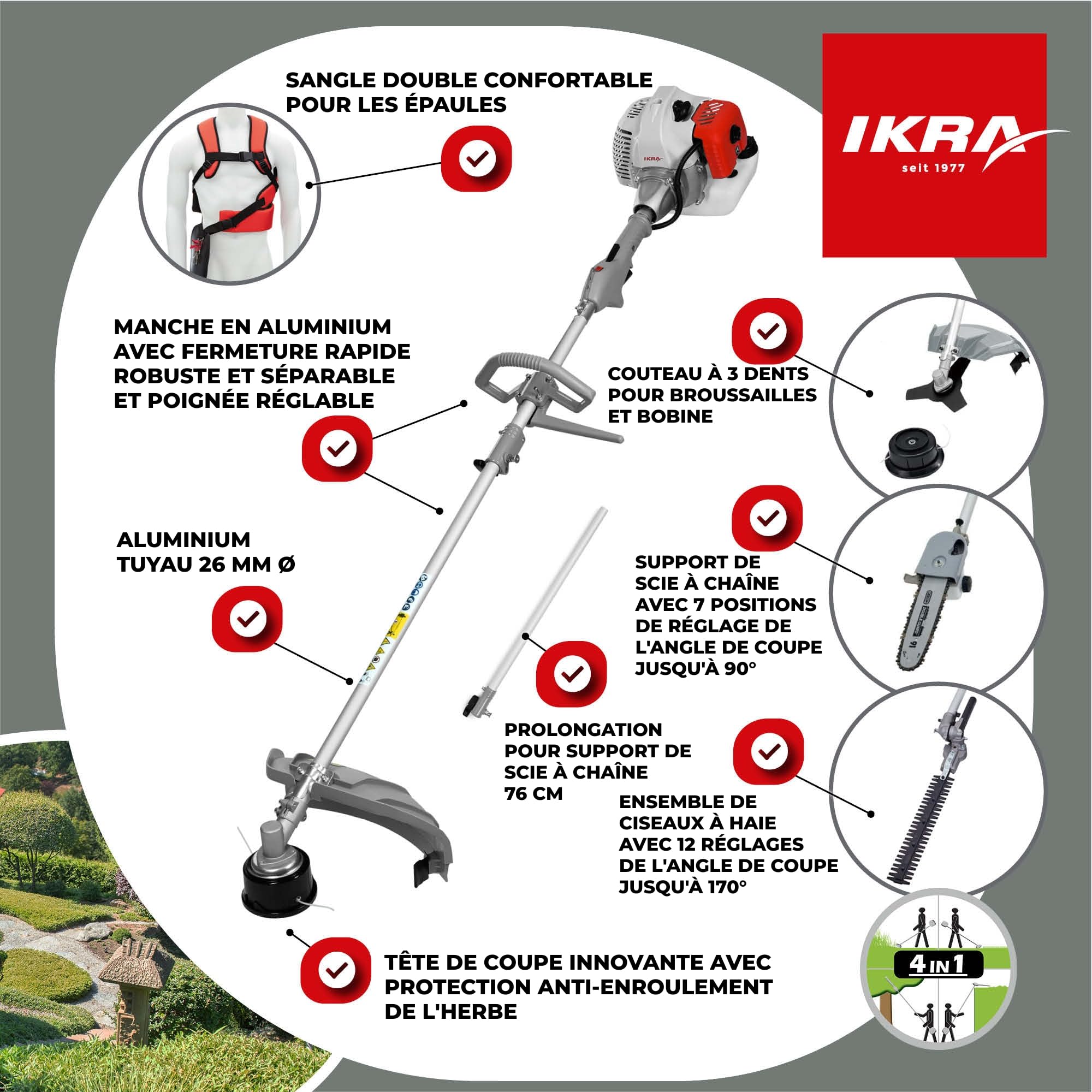 IKRA Multitool IBKH 52-1 à Essence 4en1, 51,7 cm³, 1,5 KW, avec bandoulière
